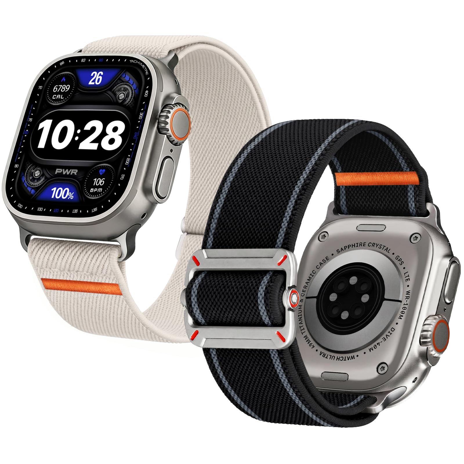 Apple Watch Band | 2 Pack Stretch Nylon Bands | Black/Starlight Fullmosa watch band 49/46/45/44/42mm(S3/2/1) / Black/Starlight