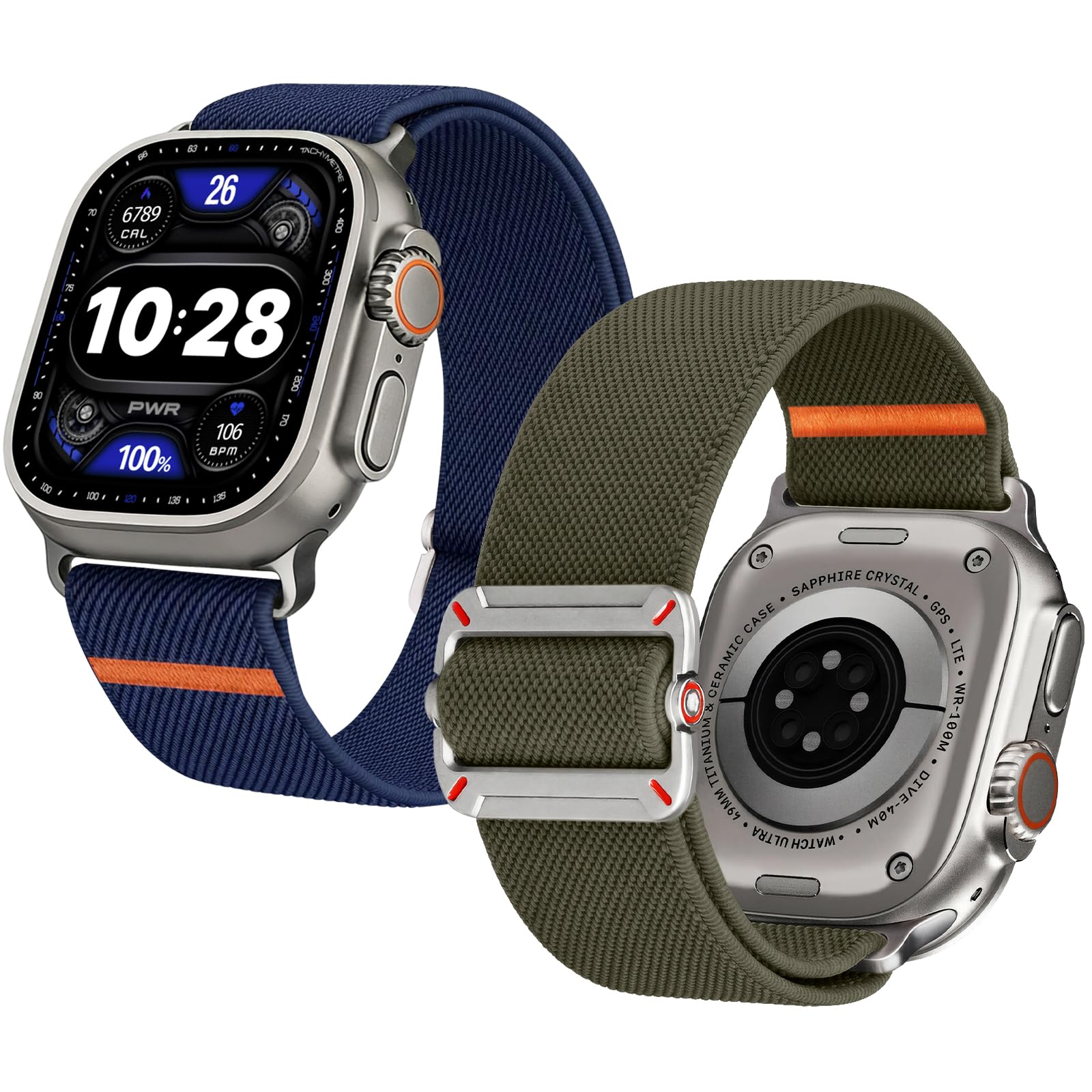 Apple Watch Band | 2 Pack Stretch Nylon Bands | Midnight Blue/Army Green Fullmosa watch band 49/46/45/44/42mm(S3/2/1) / Midnight Blue/Army Green