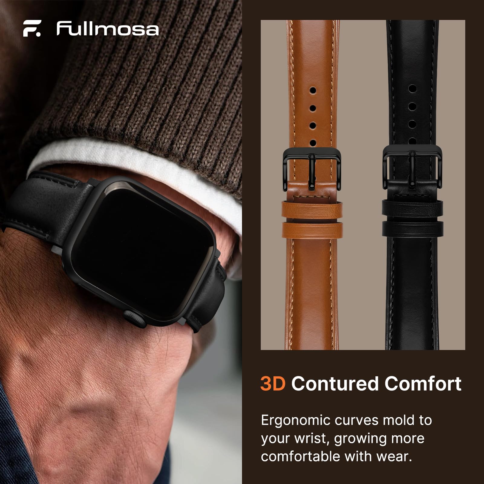 Apple Watch Band | 2 Pack Top Grain Genuine Leather Straps | Black+Black/Brown+Black Fullmosa watch band