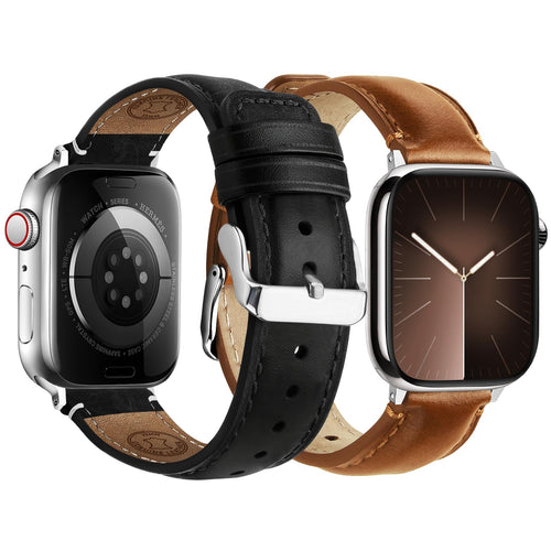 Apple Watch Band | 2 Pack Top Grain Genuine Leather Straps | Black+Silver/Brown+Silver Fullmosa watch band