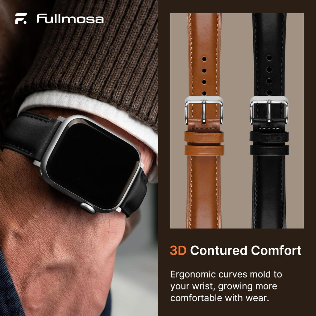 Apple Watch Band | 2 Pack Top Grain Genuine Leather Straps | Black+Silver/Brown+Silver Fullmosa watch band