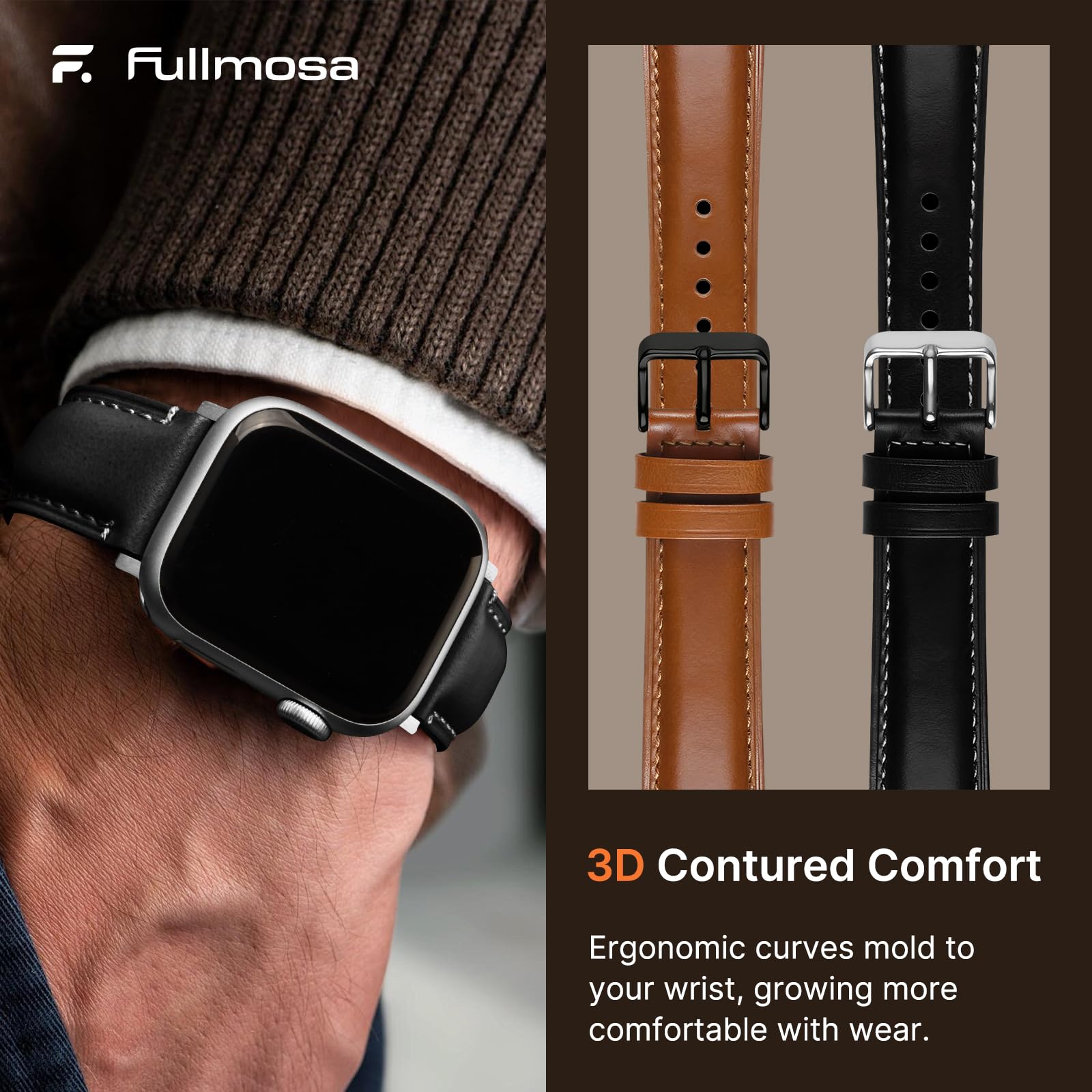 Apple Watch Band | 2 Pack Top Grain Genuine Leather Straps | Brown+Black/Black+Silver Fullmosa watch band