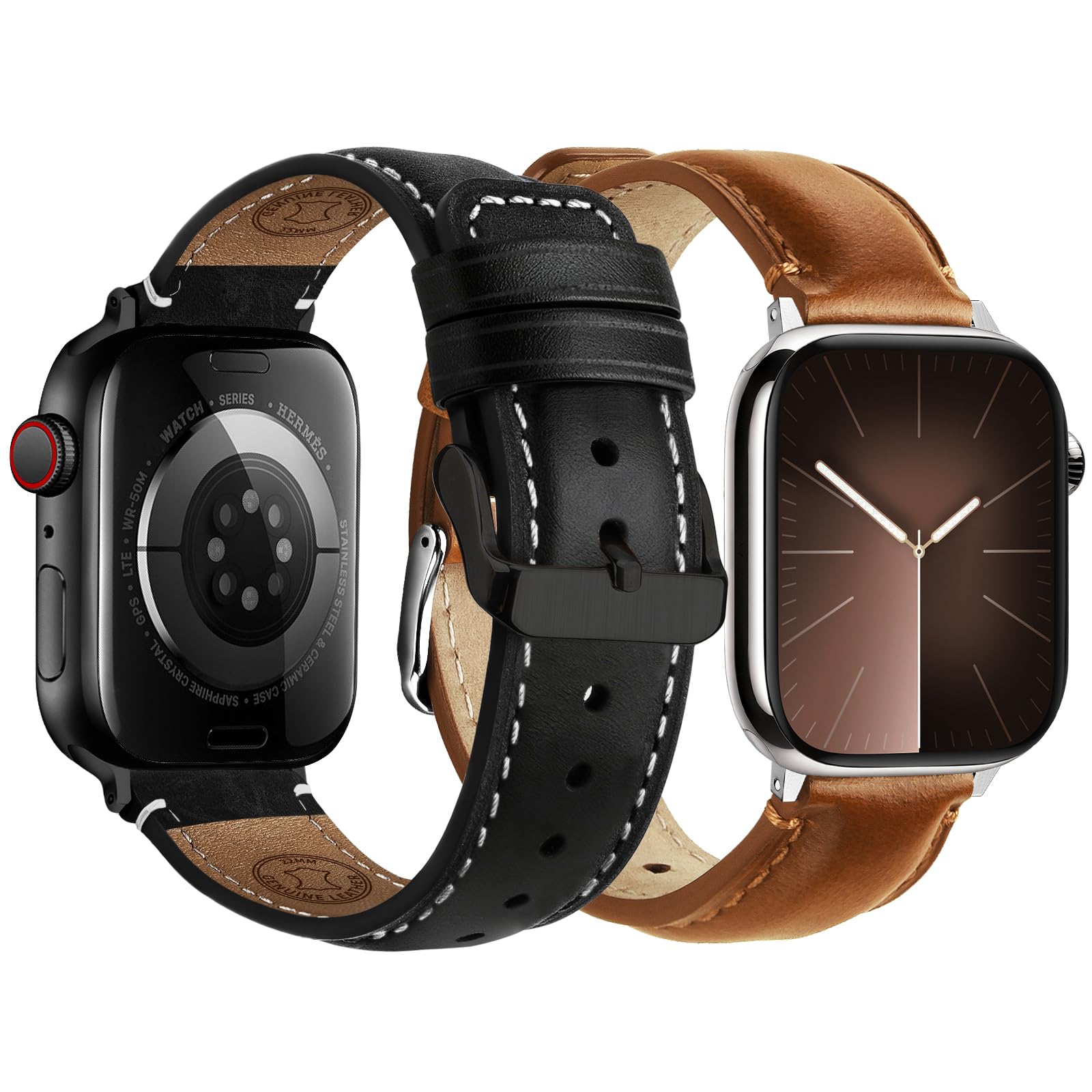 Apple Watch Band | 2 Pack Top Grain Genuine Leather Straps | Brown+Silver/Black+Black Fullmosa watch band