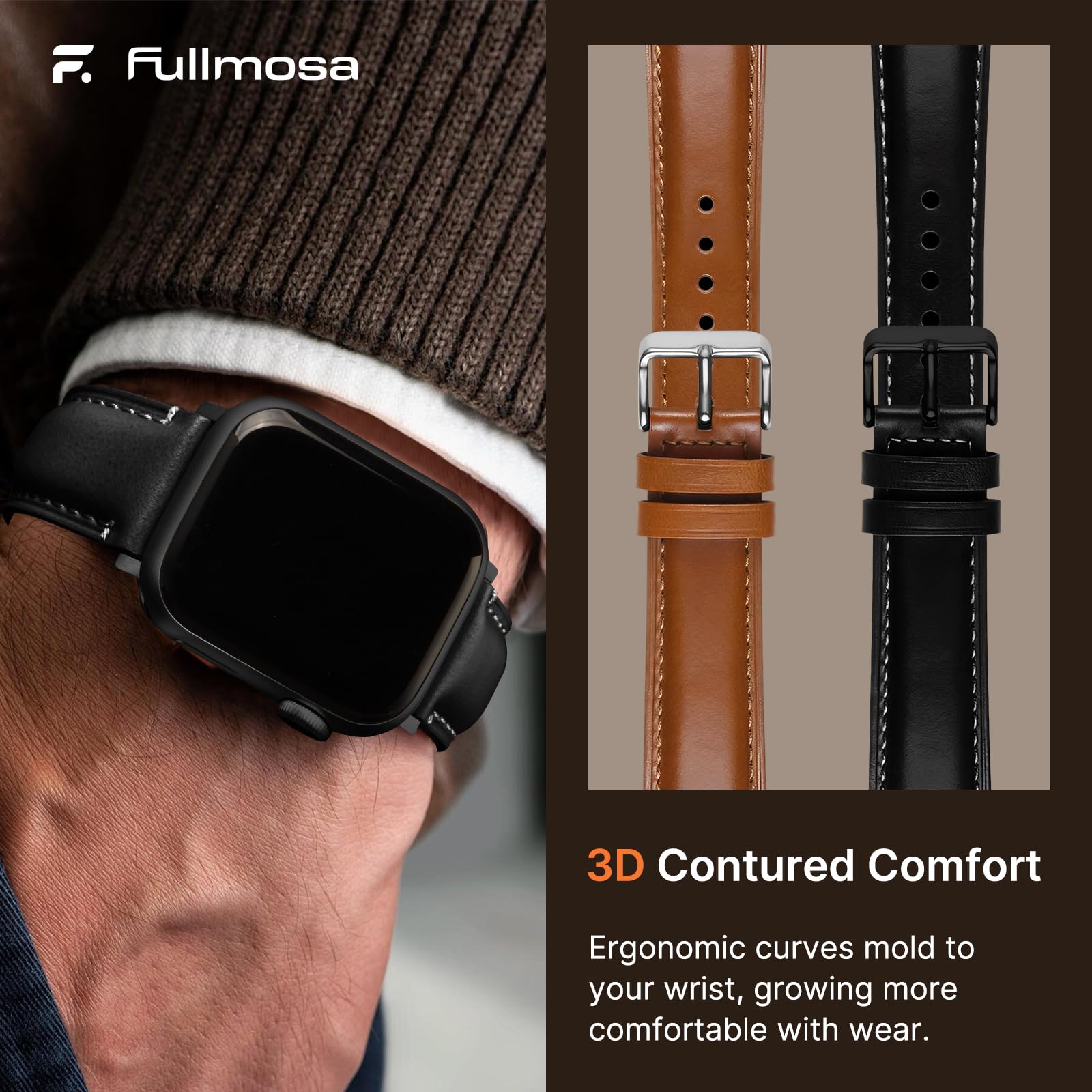 Apple Watch Band | 2 Pack Top Grain Genuine Leather Straps | Brown+Silver/Black+Black Fullmosa watch band