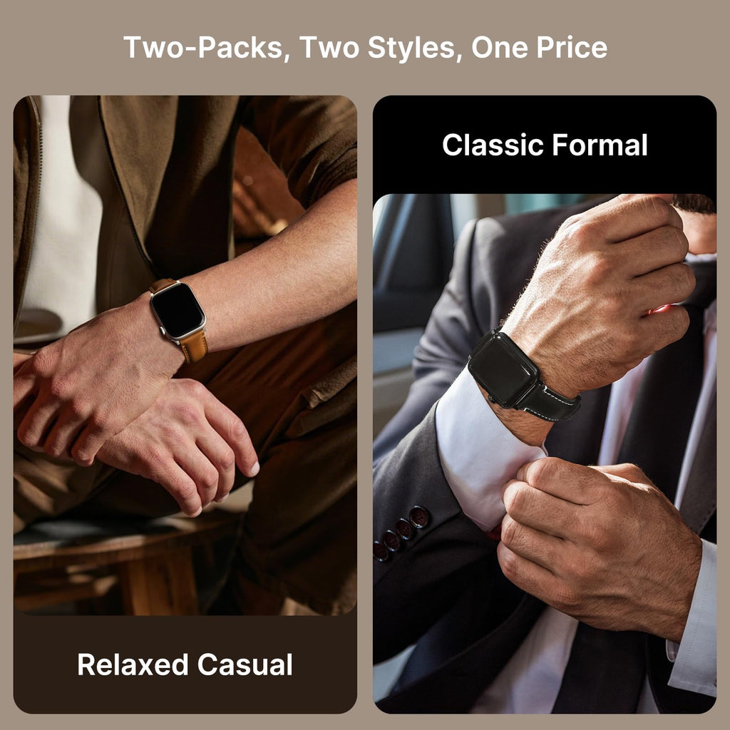 Apple Watch Band | 2 Pack Top Grain Genuine Leather Straps | Brown+Silver/Black+Black Fullmosa watch band