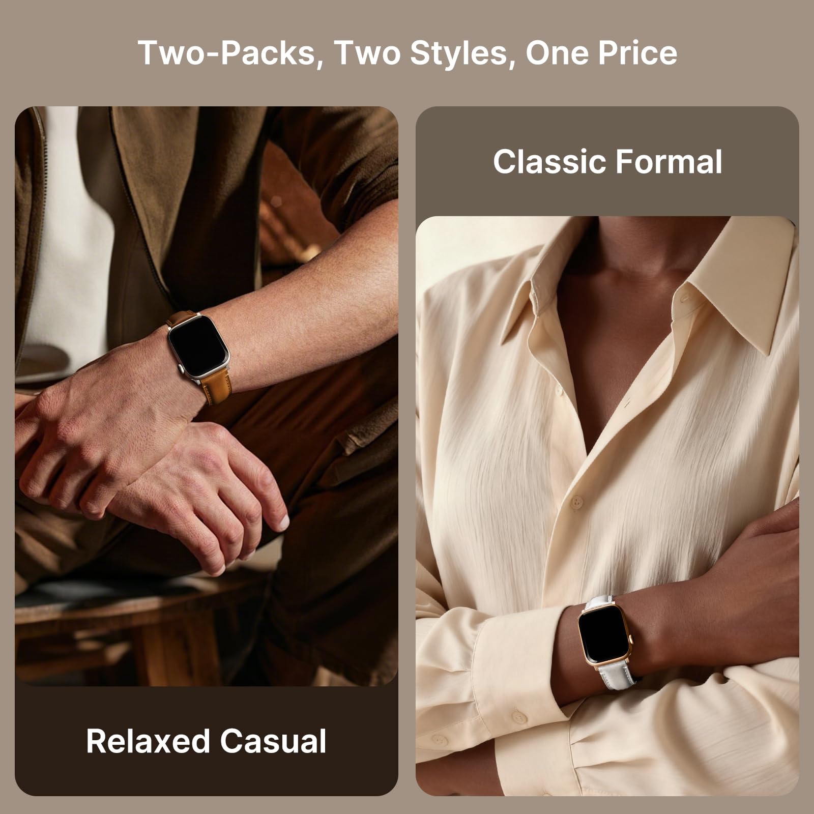 Apple Watch Band | 2 Pack Top Grain Genuine Leather Straps | Brown+Silver/White+Pink Fullmosa watch band 42mm(s10/11) 41mm 40mm 38mm / Brown+Silver/White+Pink