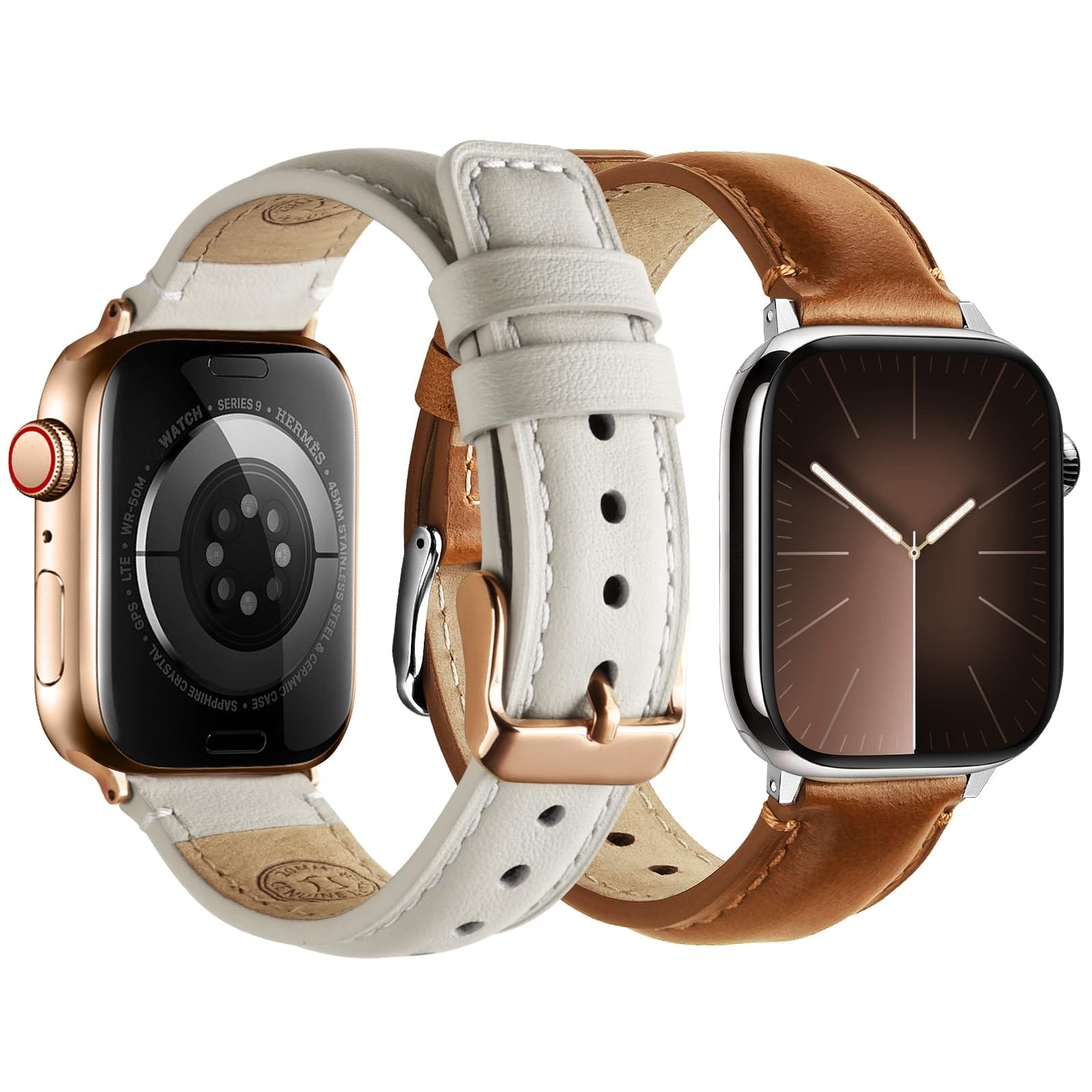 Apple Watch Band | 2 Pack Top Grain Genuine Leather Straps | Brown+Silver/White+Pink Fullmosa watch band 42mm(s10/11) 41mm 40mm 38mm / Brown+Silver/White+Pink