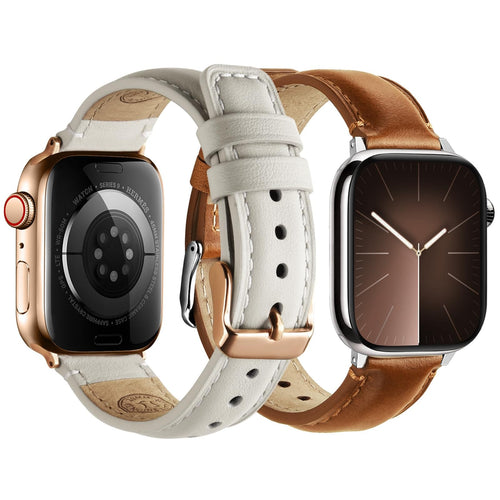 Apple Watch Band | 2 Pack Top Grain Genuine Leather Straps | Brown+Silver/White+Pink Fullmosa watch band 42mm(s10/11) 41mm 40mm 38mm / Brown+Silver/White+Pink