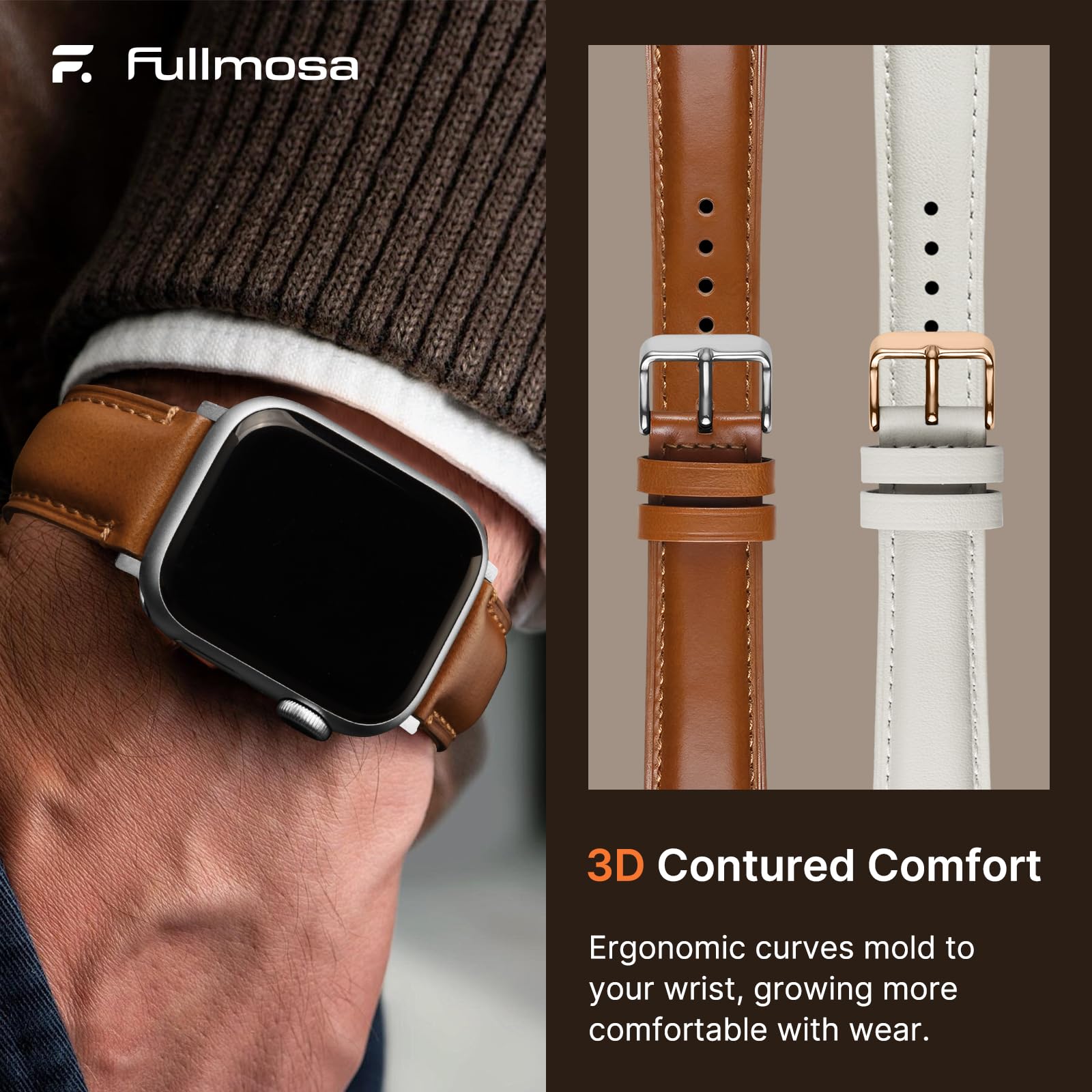 Apple Watch Band | 2 Pack Top Grain Genuine Leather Straps | Brown+Silver/White+Pink Fullmosa watch band 42mm(s10/11) 41mm 40mm 38mm / Brown+Silver/White+Pink