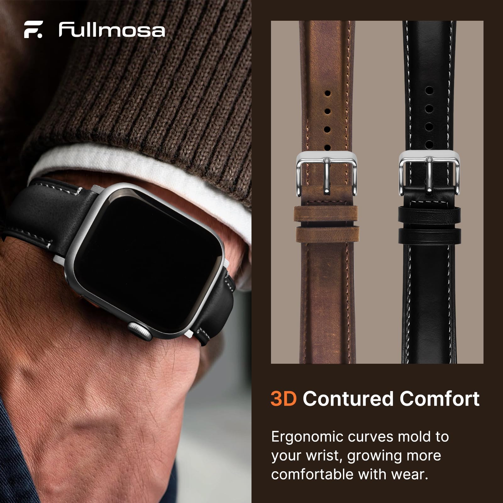 Apple Watch Band | 2 Pack Top Grain Genuine Leather Straps | Coffee+Silver/Black+Silver Fullmosa watch band
