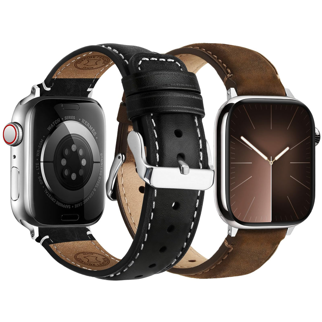 Apple Watch Band | 2 Pack Top Grain Genuine Leather Straps | Coffee+Silver/Black+Silver Fullmosa watch band