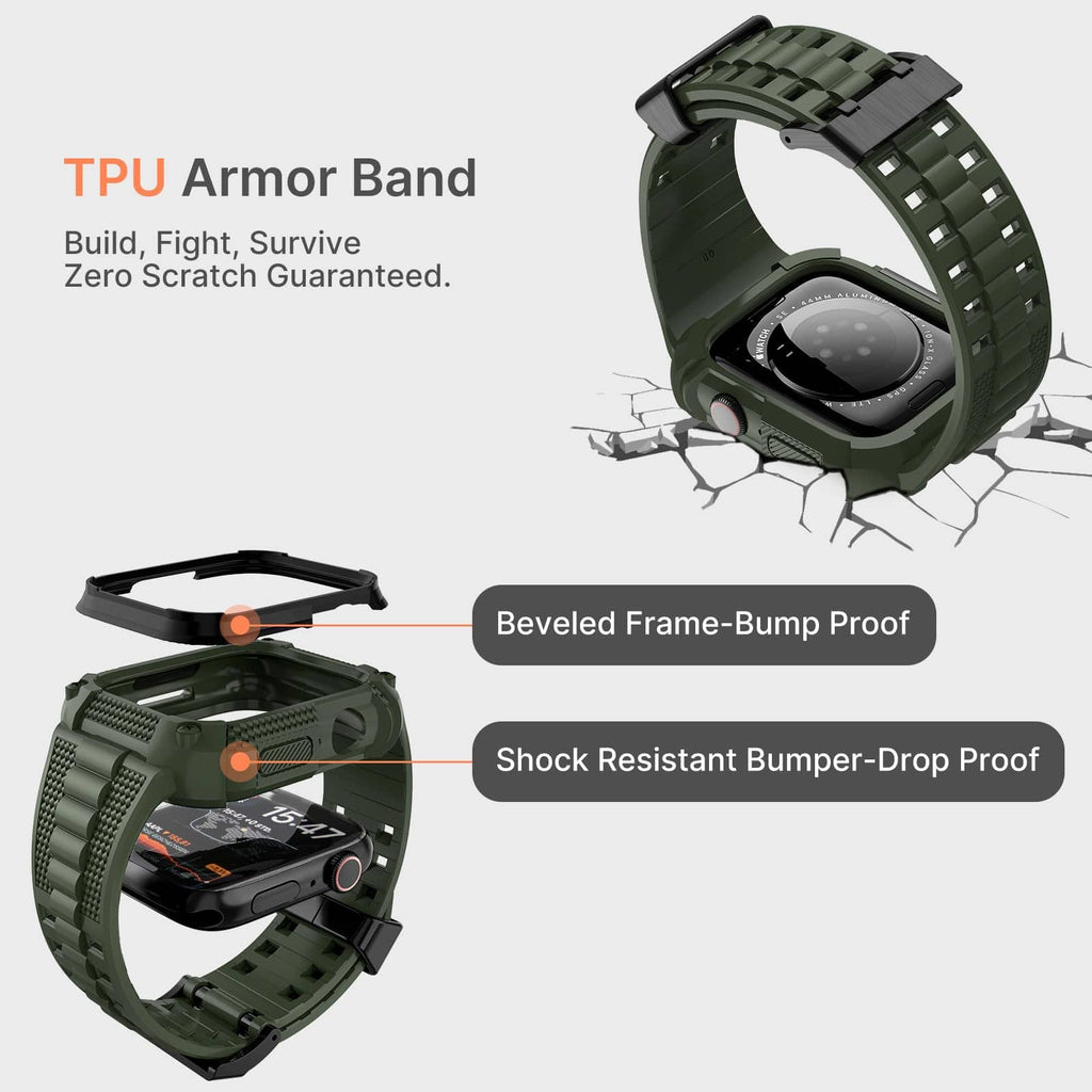 Apple Watch Band | Army Green and Black Silicone | Warrior Fullmosa 44/45mm / Army Green and Black