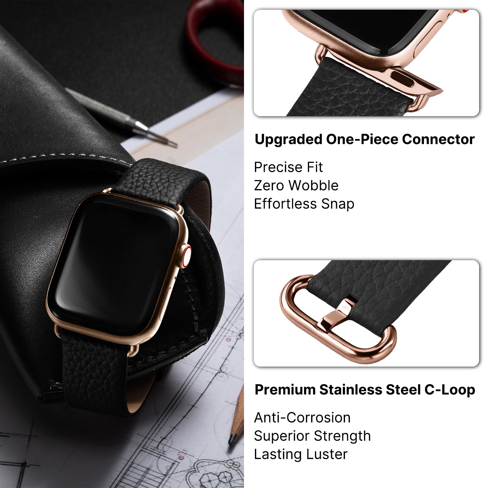 Apple Watch Band | Black Leather | Litchi Fullmosa watch band