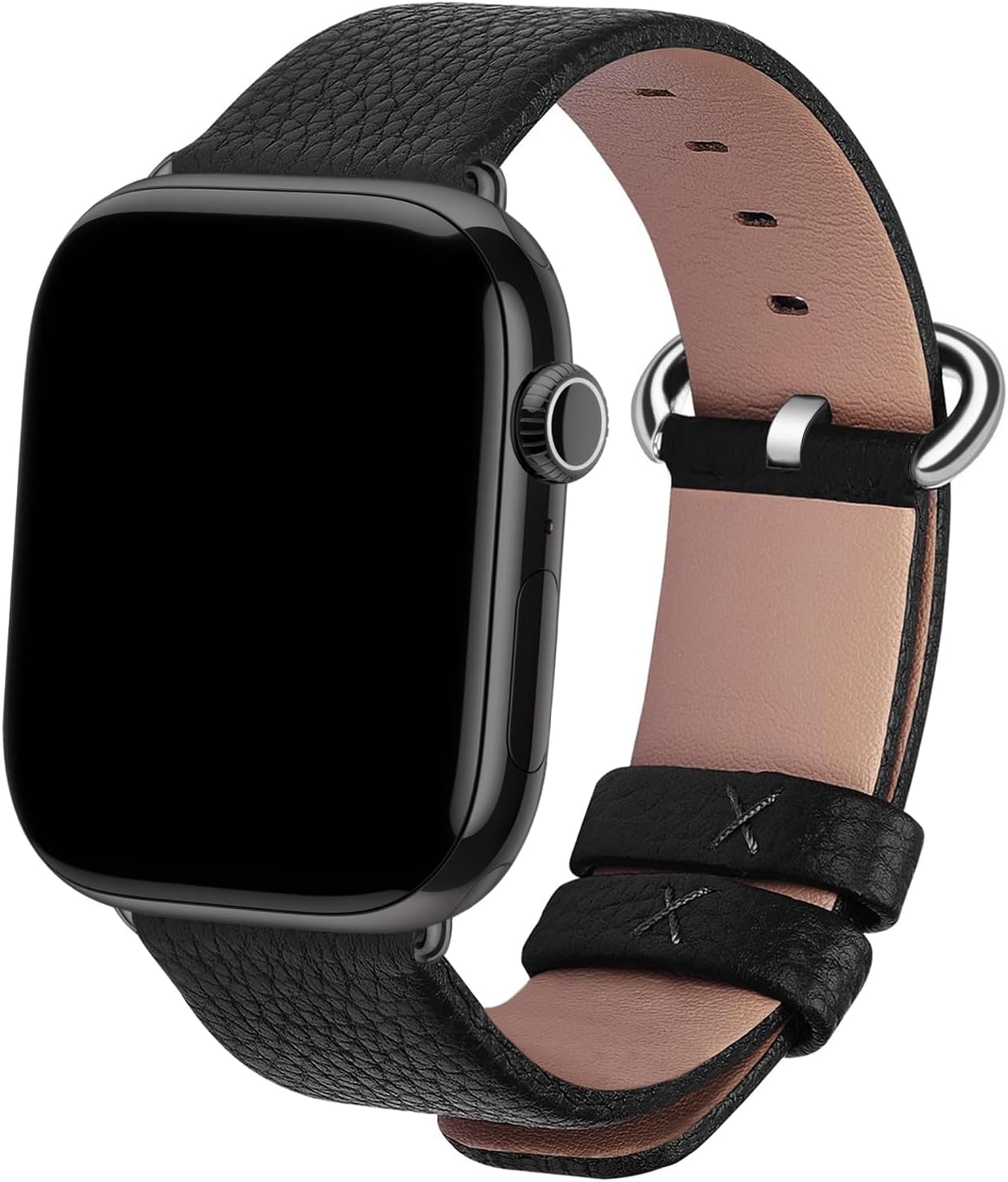 Apple Watch Band | Black Leather | Litchi Fullmosa watch band 42mm(s11/10) 41mm 40mm 38mm / Silver/Black