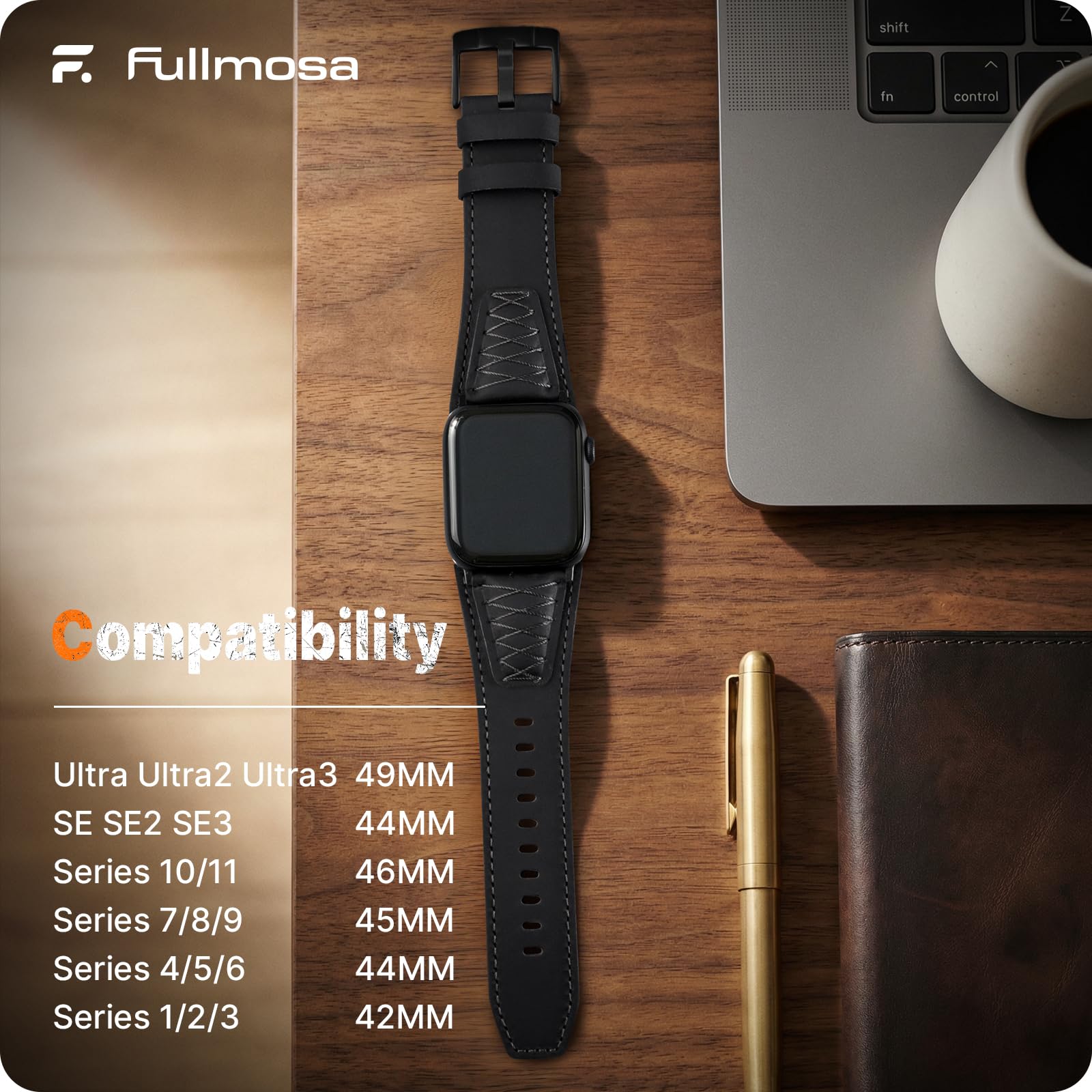 Apple Watch Band | Cross-Stitching Leather Band | Black+Black Fullmosa watch band