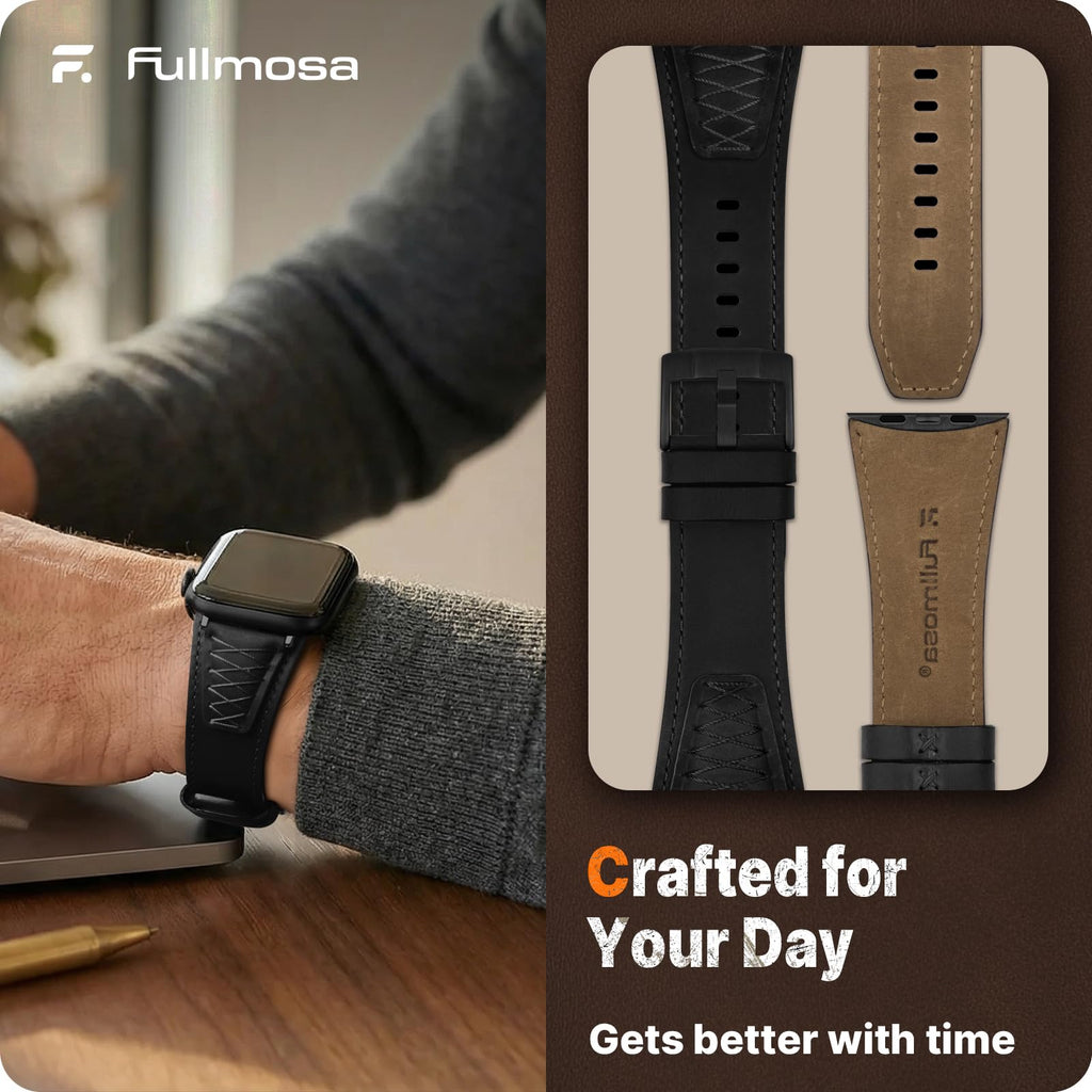 Apple Watch Band | Cross-Stitching Leather Band | Black+Black Fullmosa watch band