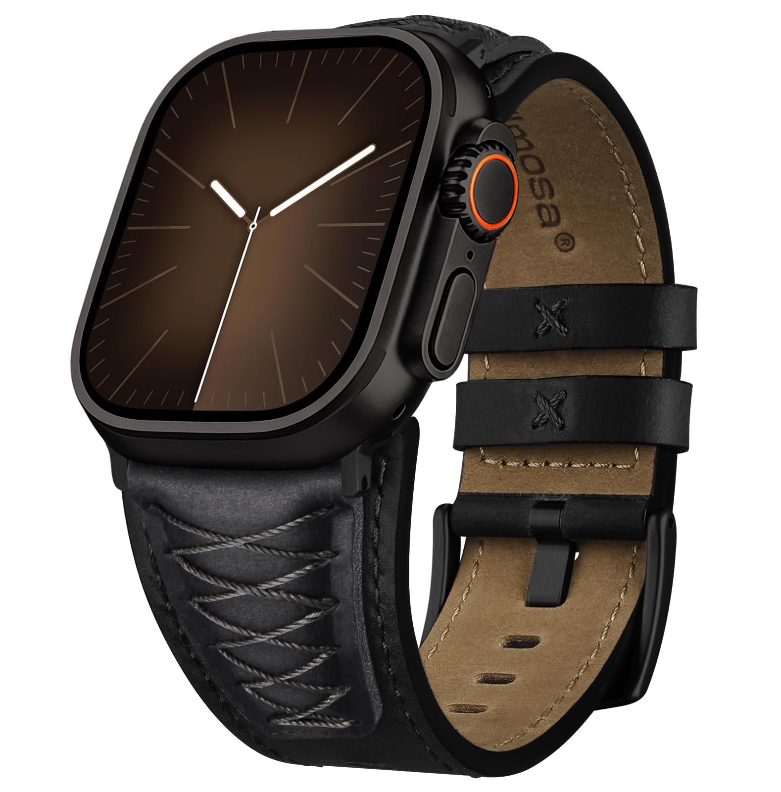 Apple Watch Band | Cross-Stitching Leather Band | Black+Black Fullmosa watch band 49mm 46mm 45mm 44mm 42mm（s3/2/1) / Black+Black