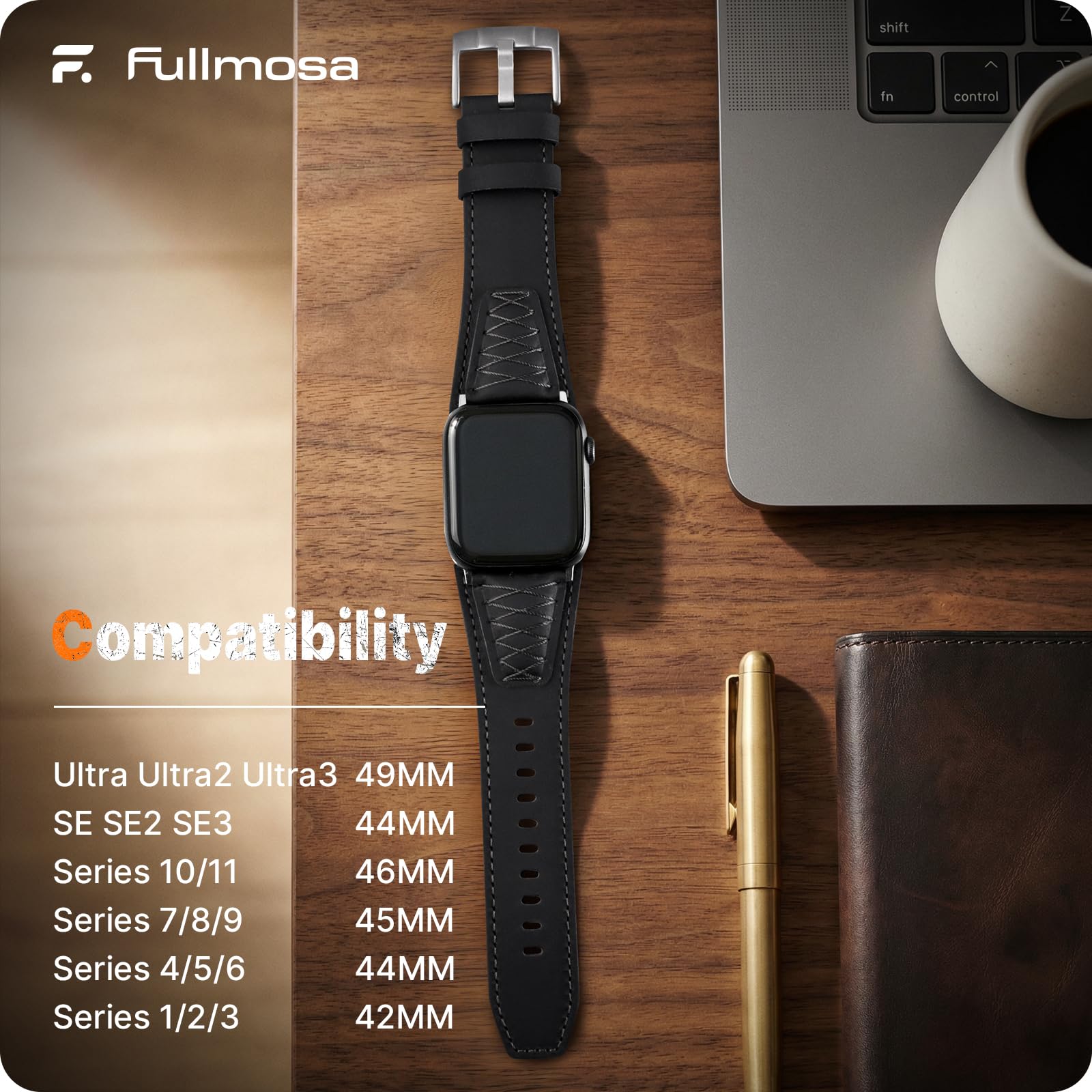 Apple Watch Band | Cross-Stitching Leather Band | Black+Silver Fullmosa 49mm 46mm 45mm 44mm 42mm（s3/2/1) / Black+Silver