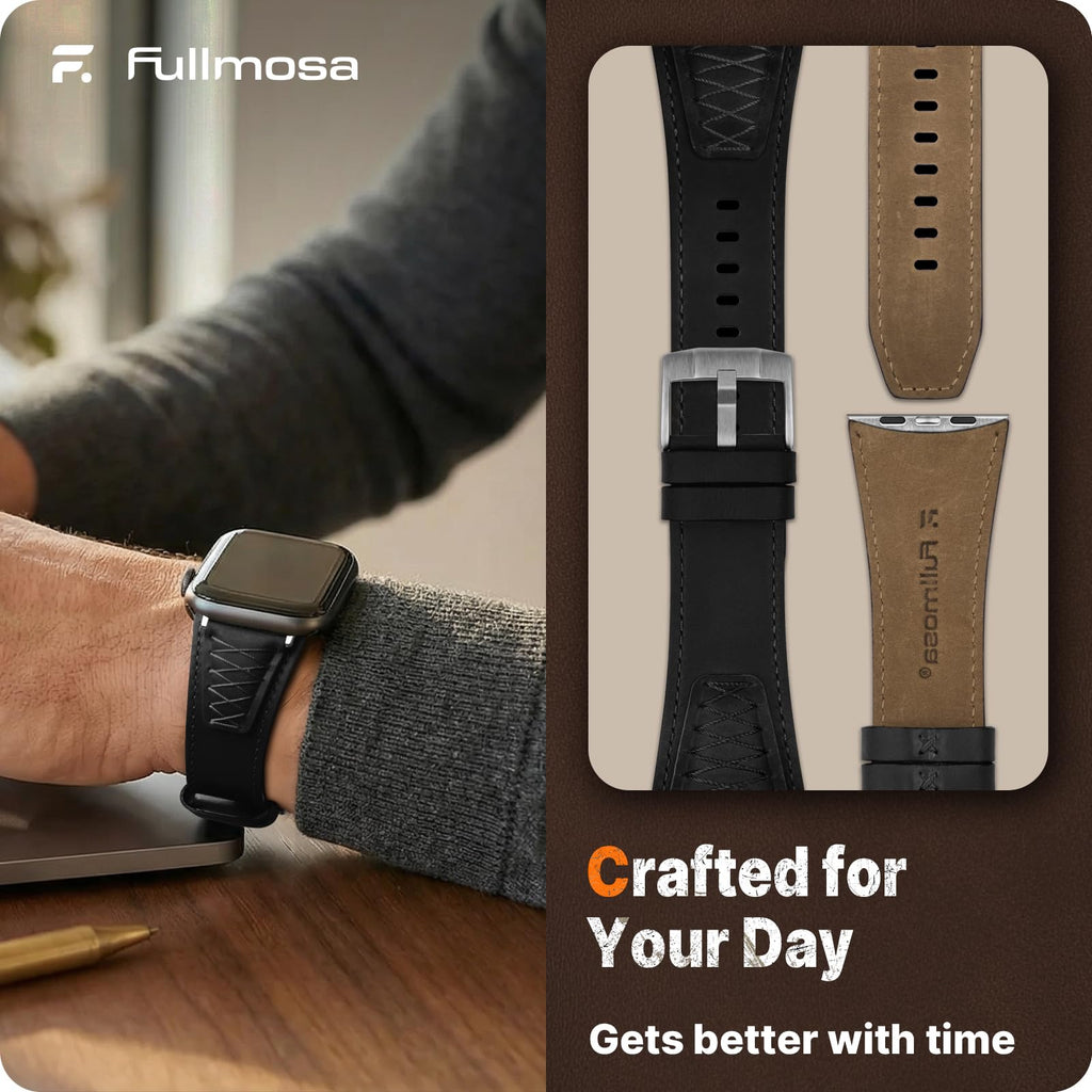 Apple Watch Band | Cross-Stitching Leather Band | Black+Silver Fullmosa 49mm 46mm 45mm 44mm 42mm（s3/2/1) / Black+Silver