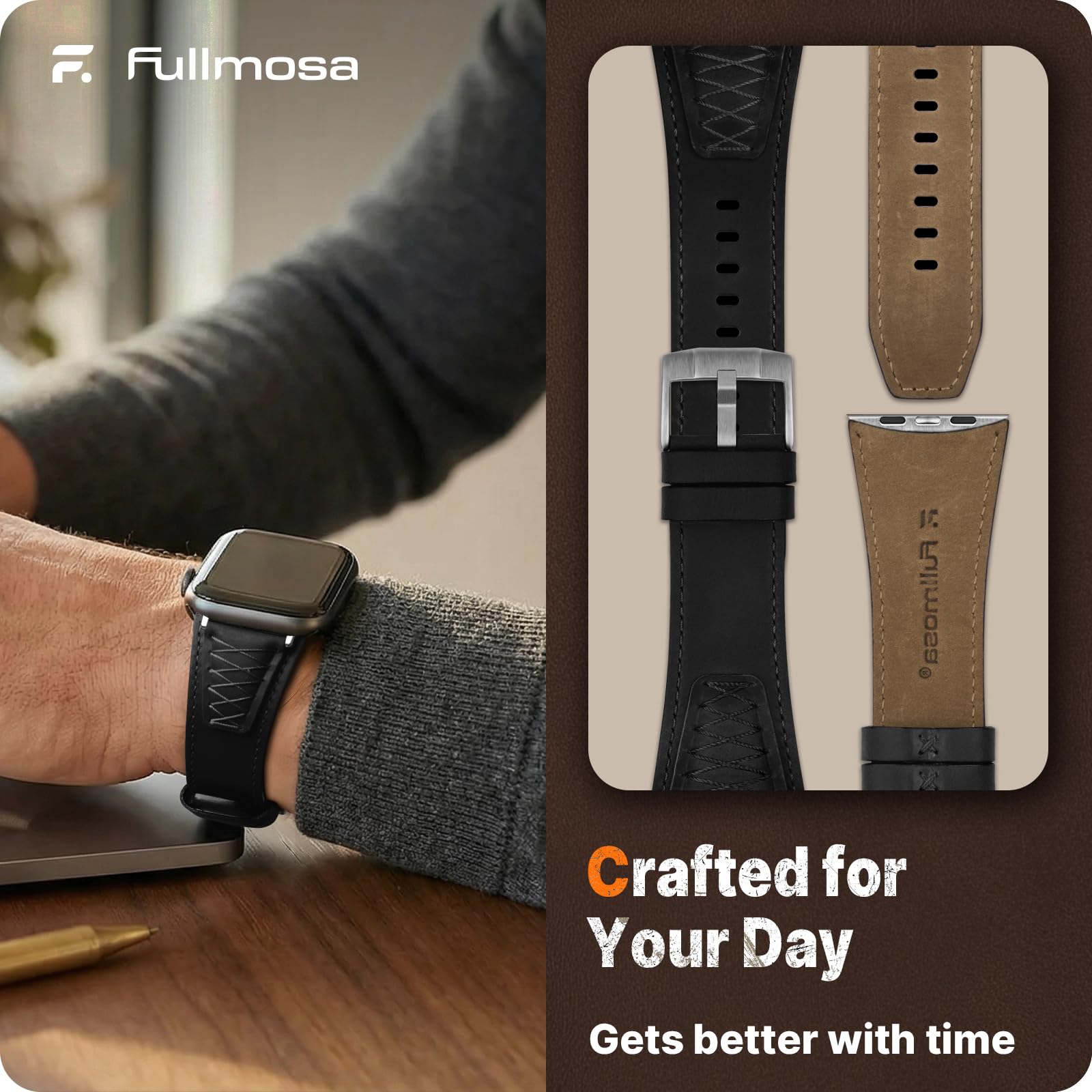 Apple Watch Band | Cross-Stitching Leather Band | Black+Silver Fullmosa 49mm 46mm 45mm 44mm 42mm（s3/2/1) / Black+Silver