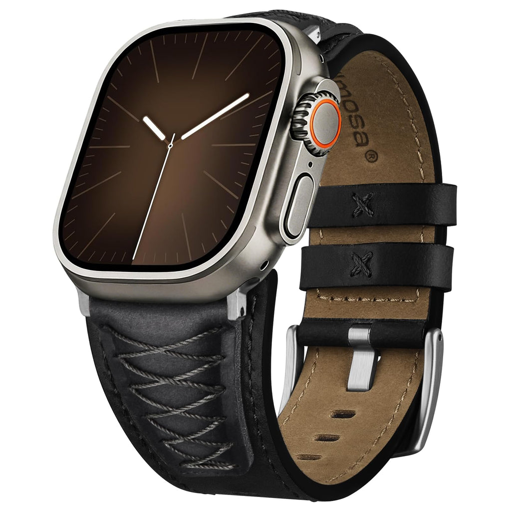 Apple Watch Band | Cross-Stitching Leather Band | Black+Silver Fullmosa 49mm 46mm 45mm 44mm 42mm（s3/2/1) / Black+Silver