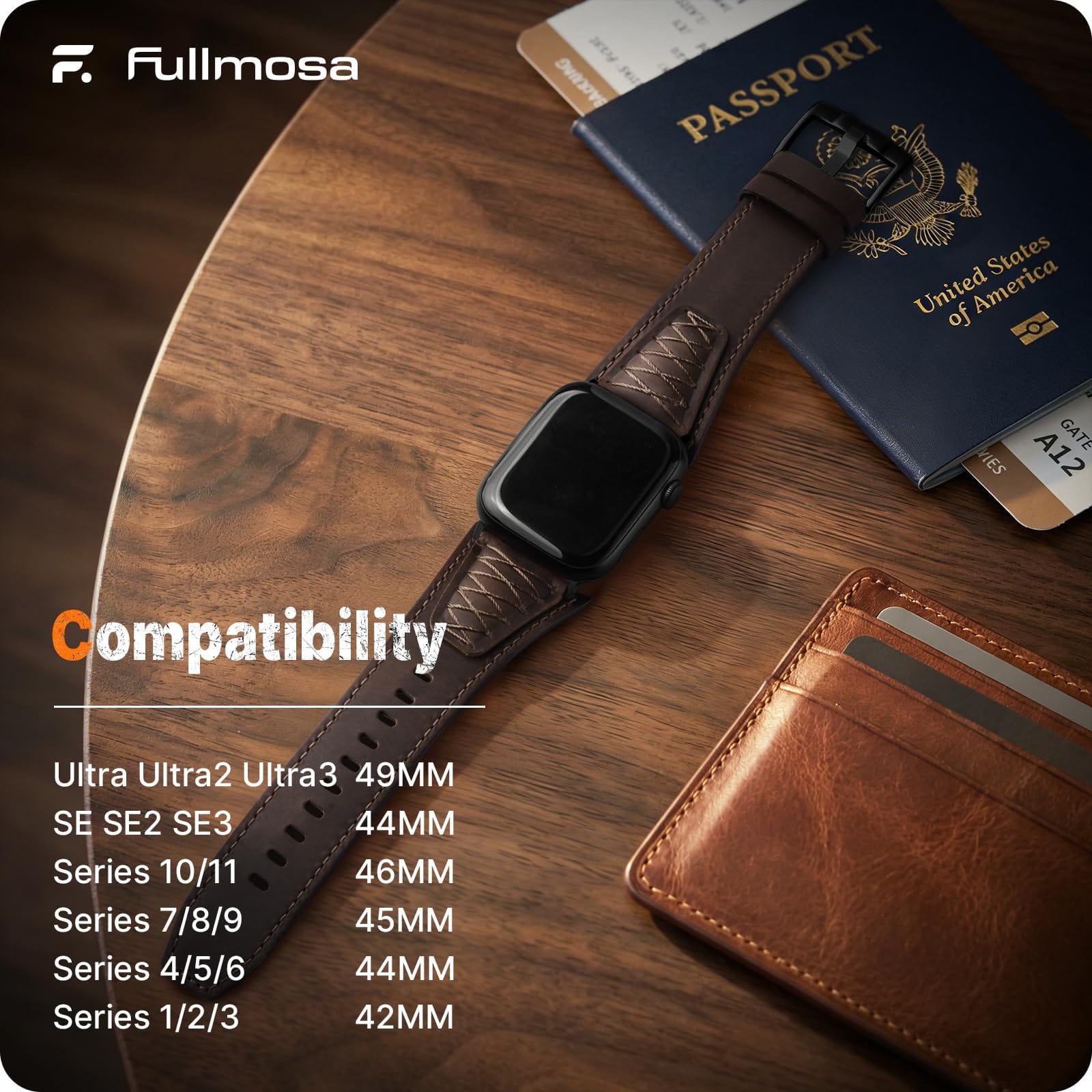 Apple Watch Band | Cross-Stitching Leather Band | Coffee Brown+Black Fullmosa watch band 49mm 46mm 45mm 44mm 42mm（s3/2/1) / Coffee Brown+Black