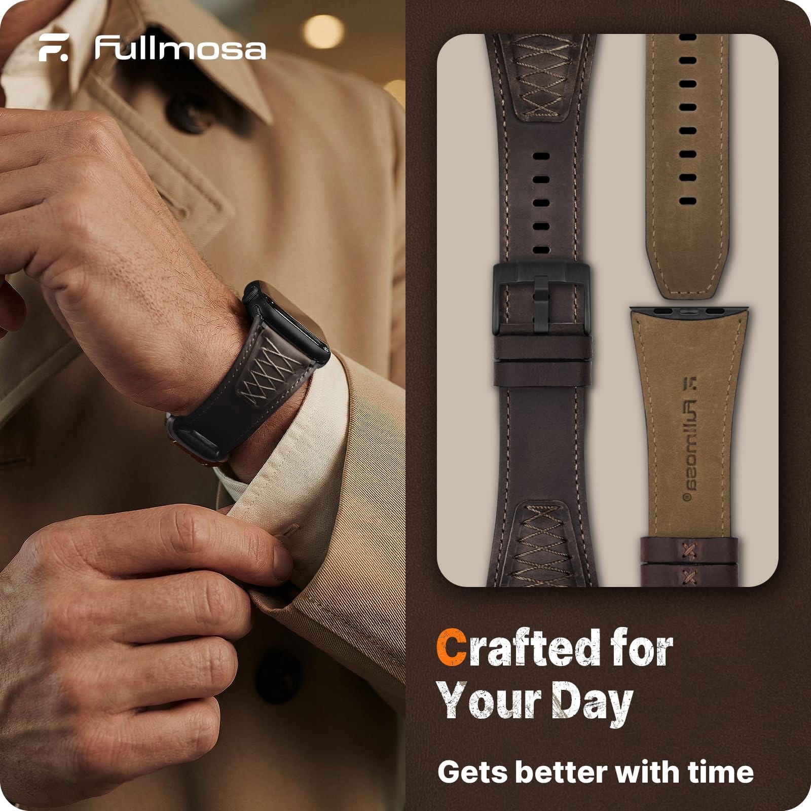 Apple Watch Band | Cross-Stitching Leather Band | Coffee Brown+Black Fullmosa watch band 49mm 46mm 45mm 44mm 42mm（s3/2/1) / Coffee Brown+Black
