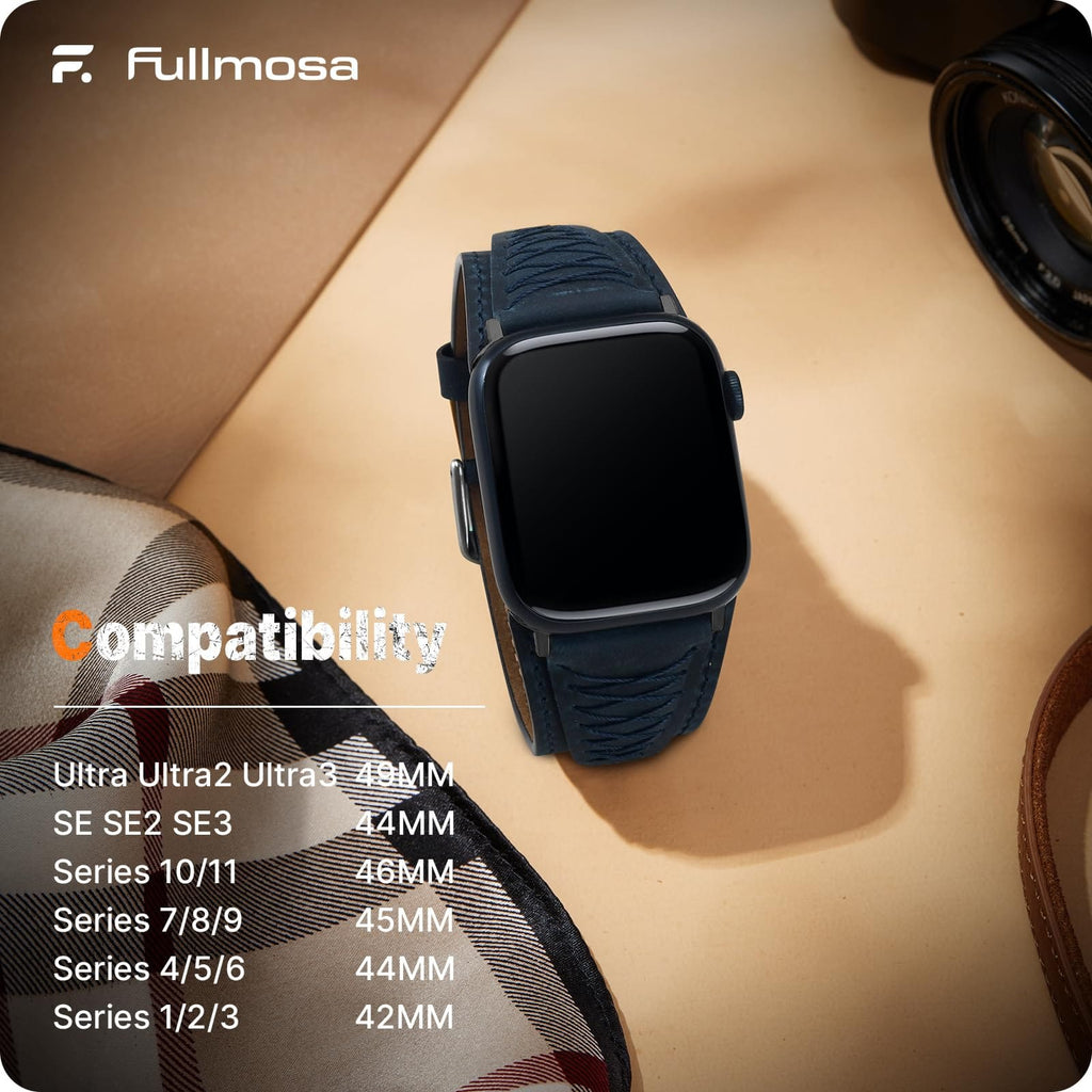 Apple Watch Band | Cross-Stitching Leather Band | Dark Blue+Black Fullmosa watch band 49mm 46mm 45mm 44mm 42mm（s3/2/1) / Dark Blue+Black