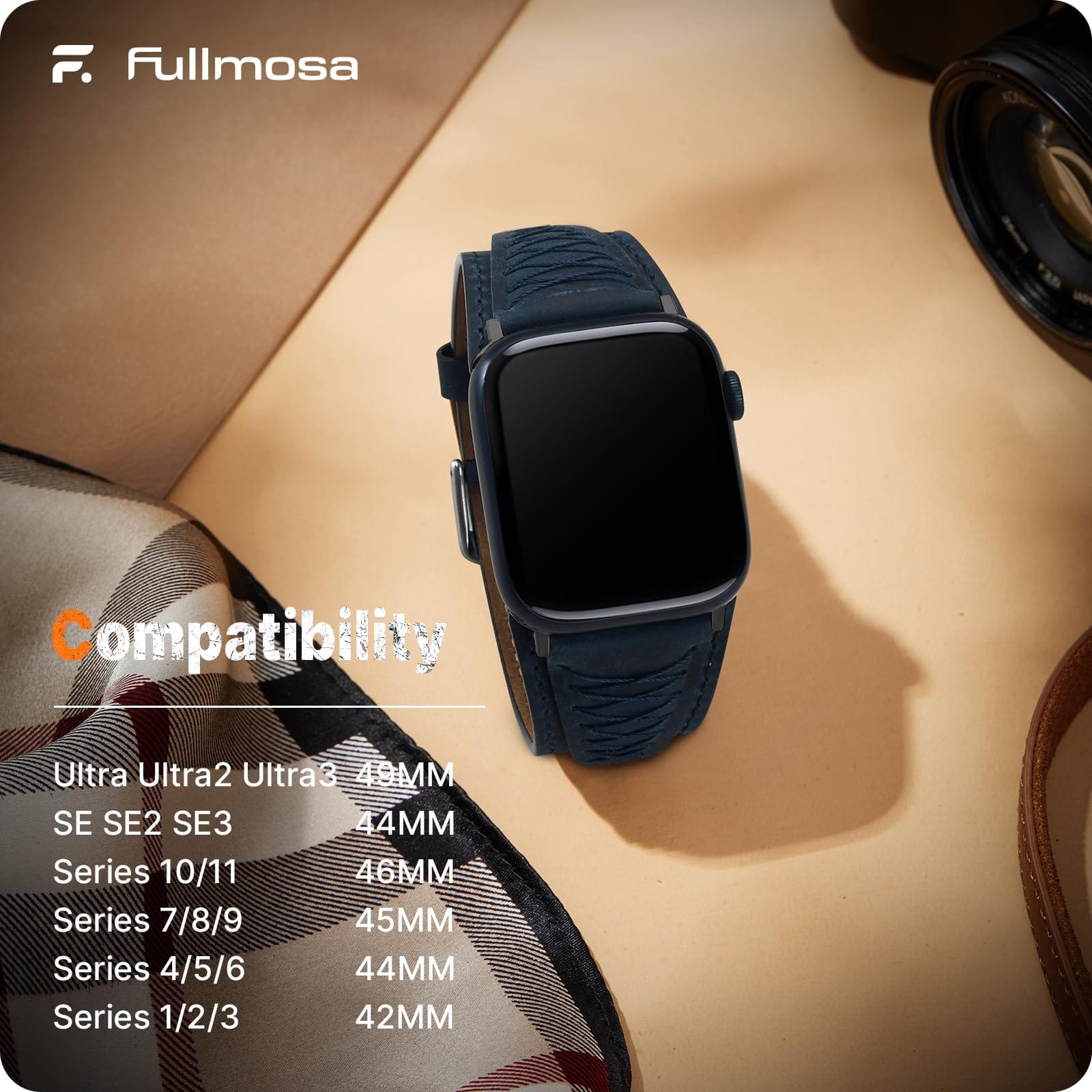Apple Watch Band | Cross-Stitching Leather Band | Dark Blue+Black Fullmosa watch band 49mm 46mm 45mm 44mm 42mm（s3/2/1) / Dark Blue+Black