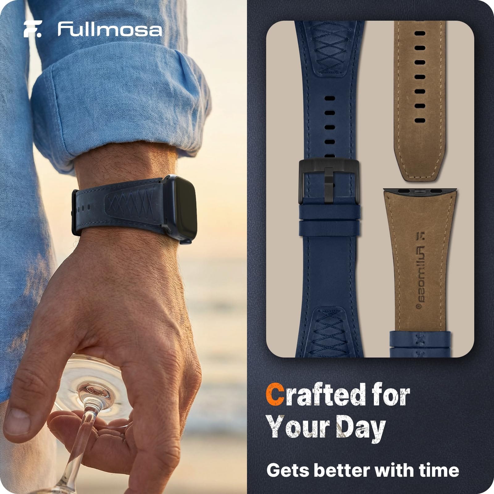 Apple Watch Band | Cross-Stitching Leather Band | Dark Blue+Black Fullmosa watch band 49mm 46mm 45mm 44mm 42mm（s3/2/1) / Dark Blue+Black
