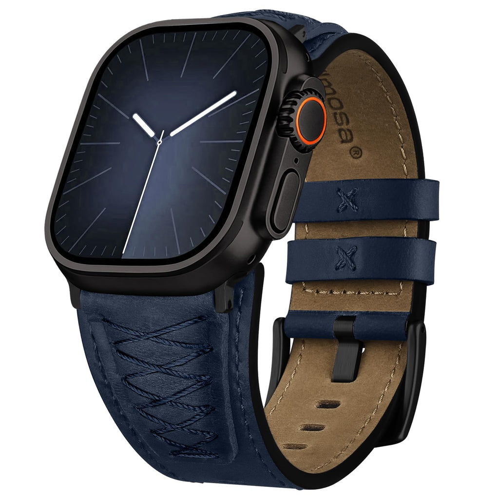 Apple Watch Band | Cross-Stitching Leather Band | Dark Blue+Black Fullmosa watch band 49mm 46mm 45mm 44mm 42mm（s3/2/1) / Dark Blue+Black