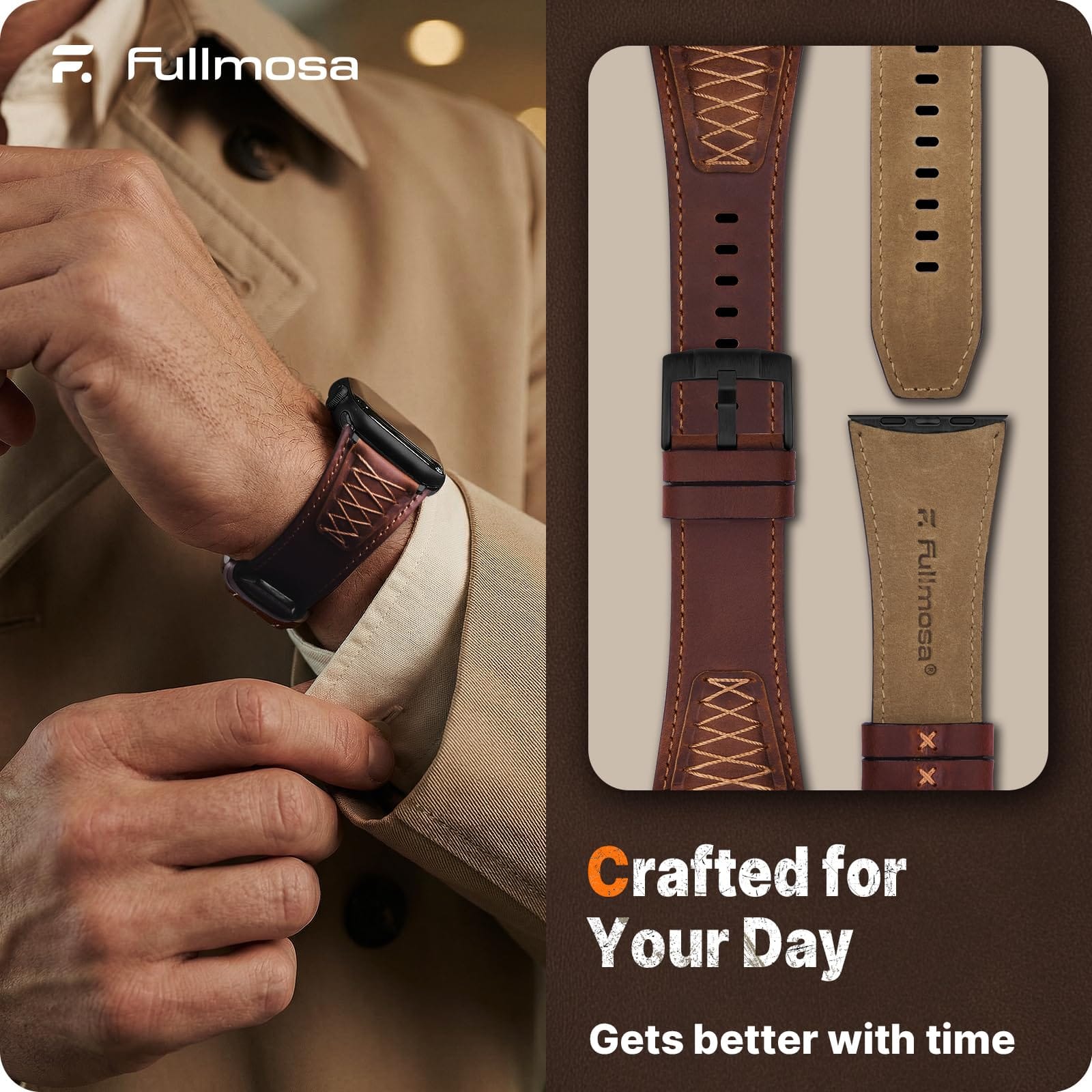 Apple Watch Band | Cross-Stitching Leather Band | Dark Brown+Black Fullmosa watch band