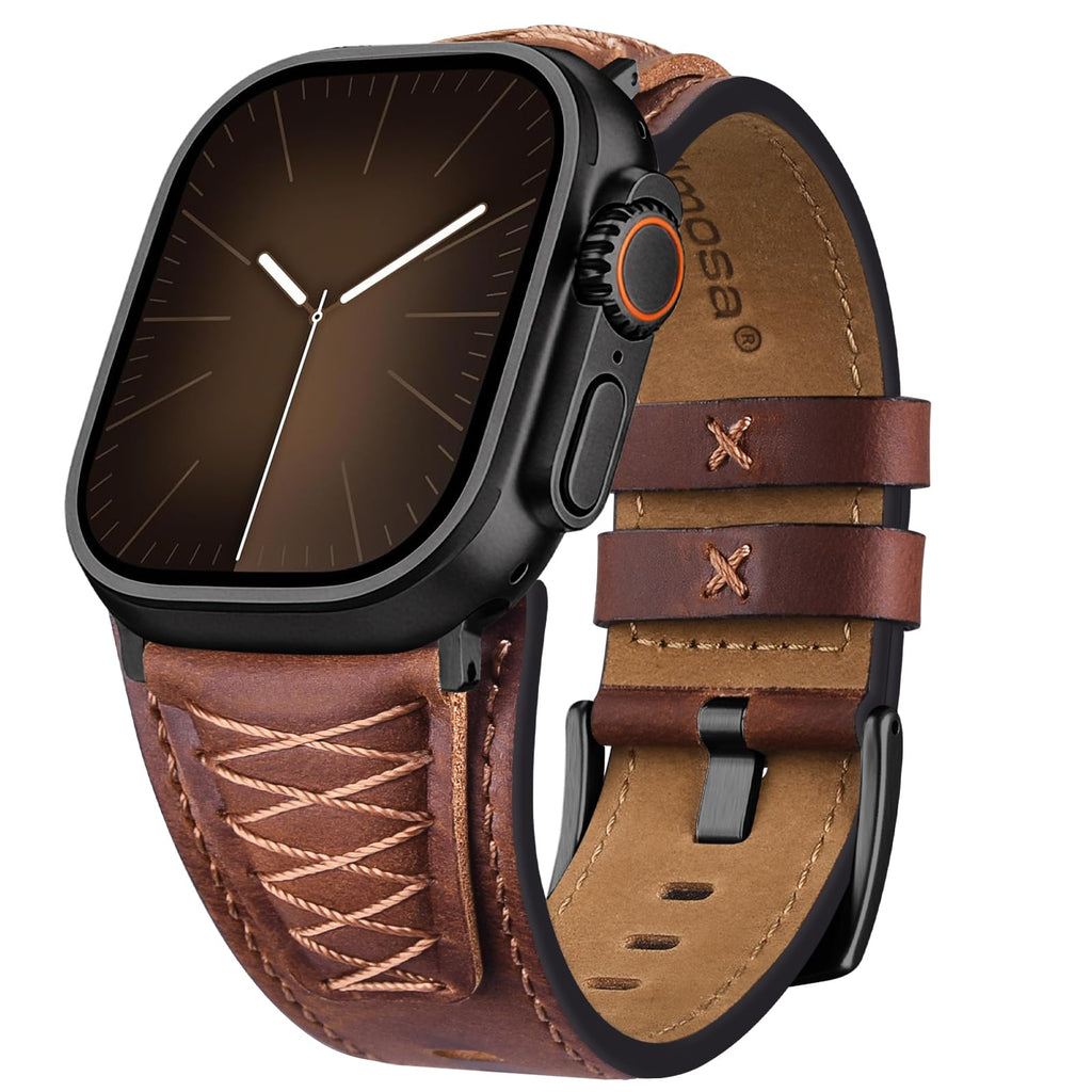 Apple Watch Band | Cross-Stitching Leather Band | Dark Brown+Black Fullmosa watch band 49mm 46mm 45mm 44mm 42mm（s3/2/1) / Dark Brown+Black