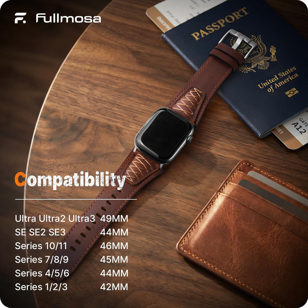 Apple Watch Band | Cross-Stitching Leather Band | Dark Brown+Silver Fullmosa watch band 49mm 46mm 45mm 44mm 42mm（s3/2/1) / Dark Brown+Silver