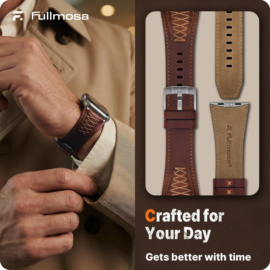 Apple Watch Band | Cross-Stitching Leather Band | Dark Brown+Silver Fullmosa watch band 49mm 46mm 45mm 44mm 42mm（s3/2/1) / Dark Brown+Silver