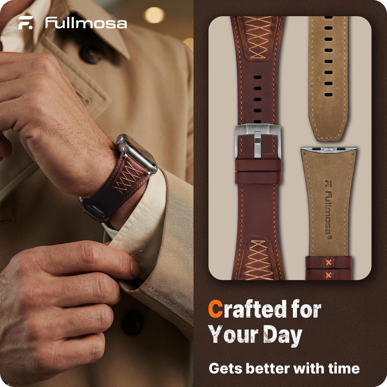 Apple Watch Band | Cross-Stitching Leather Band | Dark Brown+Silver Fullmosa watch band 49mm 46mm 45mm 44mm 42mm（s3/2/1) / Dark Brown+Silver