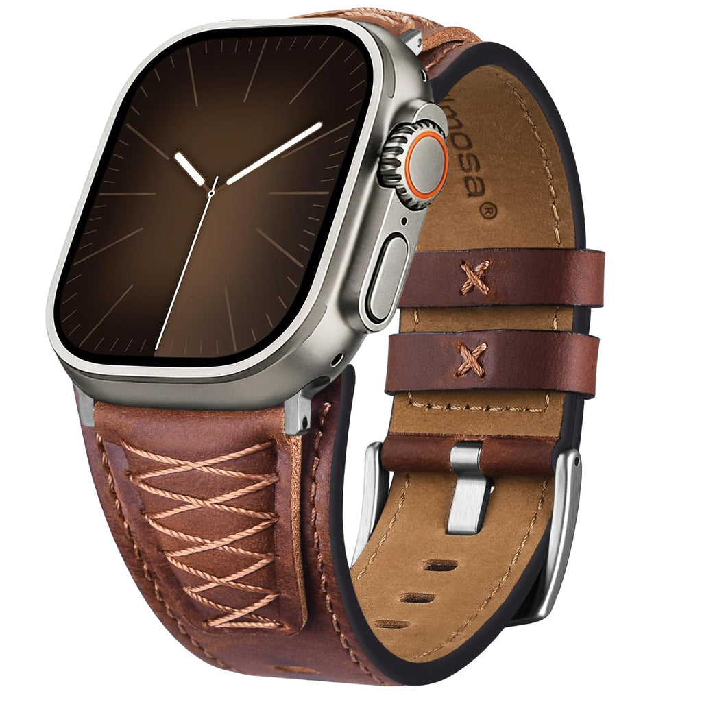 Apple Watch Band | Cross-Stitching Leather Band | Dark Brown+Silver Fullmosa watch band 49mm 46mm 45mm 44mm 42mm（s3/2/1) / Dark Brown+Silver