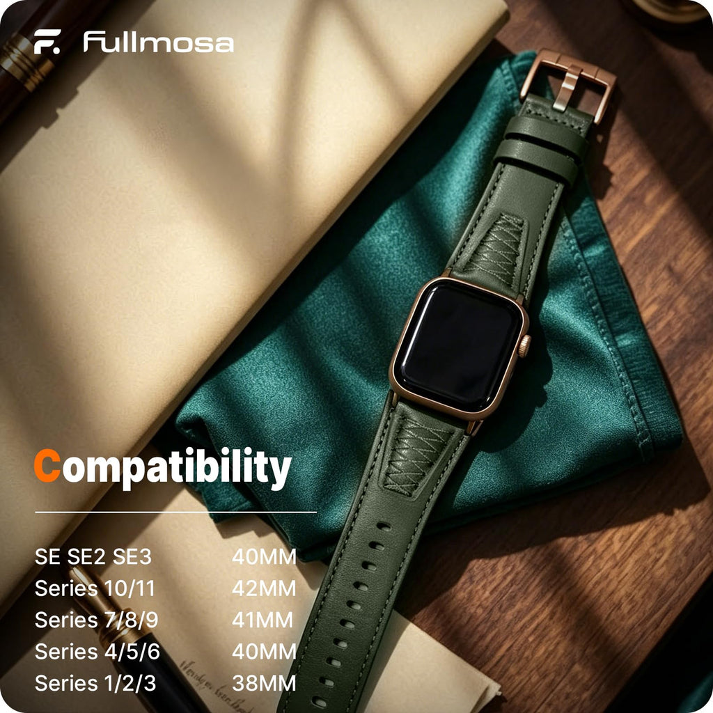 Apple Watch Band | Cross-Stitching Leather Band | Olive Green+Rose Gold Fullmosa watch band 42mm(s11/10) 41mm 40mm 38mm / Olive Green+Rose Gold
