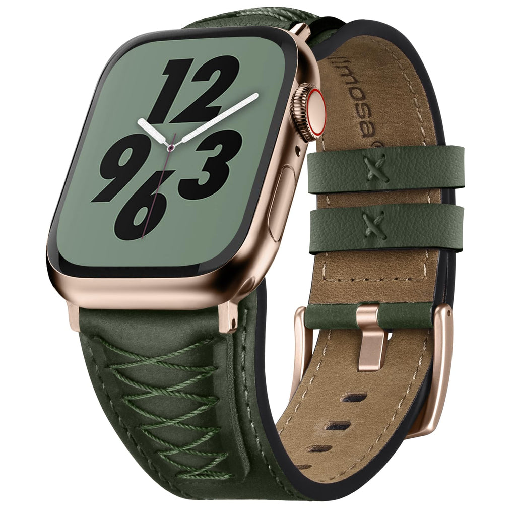 Apple Watch Band | Cross-Stitching Leather Band | Olive Green+Rose Gold Fullmosa watch band 42mm(s11/10) 41mm 40mm 38mm / Olive Green+Rose Gold