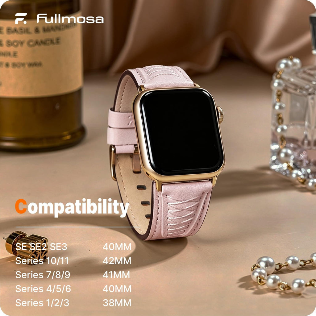 Apple Watch Band | Cross-Stitching Leather Band | Sand pink+Rose Gold Fullmosa watch band 42mm(s11/10) 41mm 40mm 38mm / Sand pink+Rose Gold
