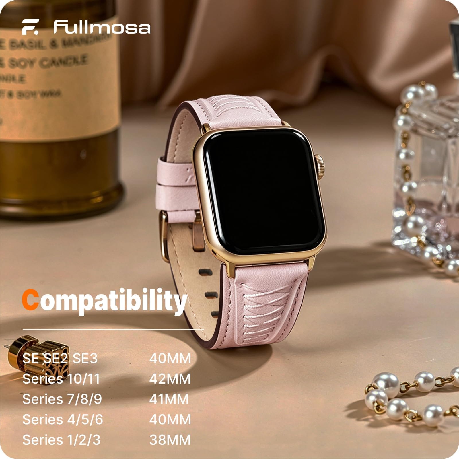 Apple Watch Band | Cross-Stitching Leather Band | Sand pink+Rose Gold Fullmosa watch band 42mm(s11/10) 41mm 40mm 38mm / Sand pink+Rose Gold