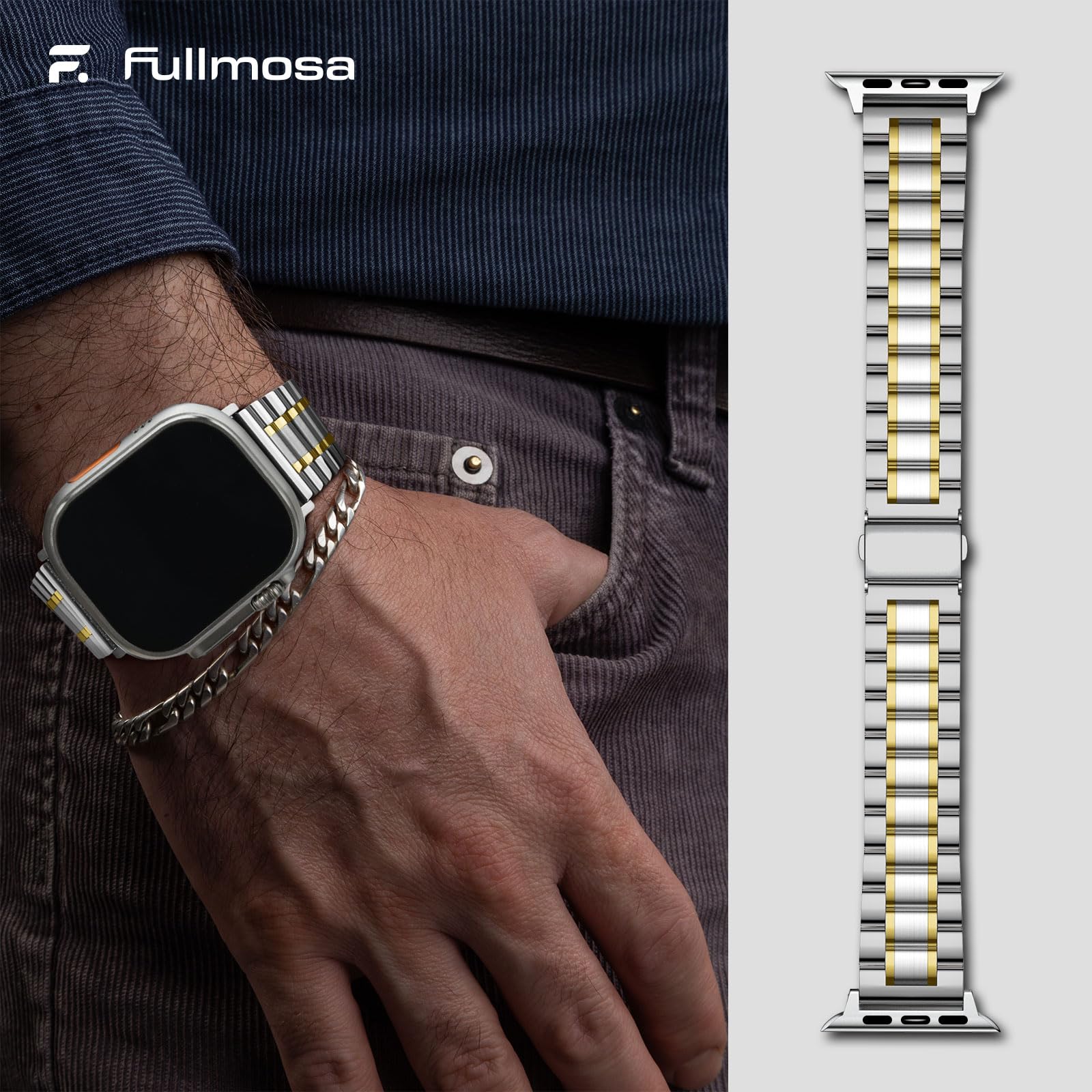 Apple Watch Band | EB-Metal Straps | Silver+Golden Fullmosa watch band