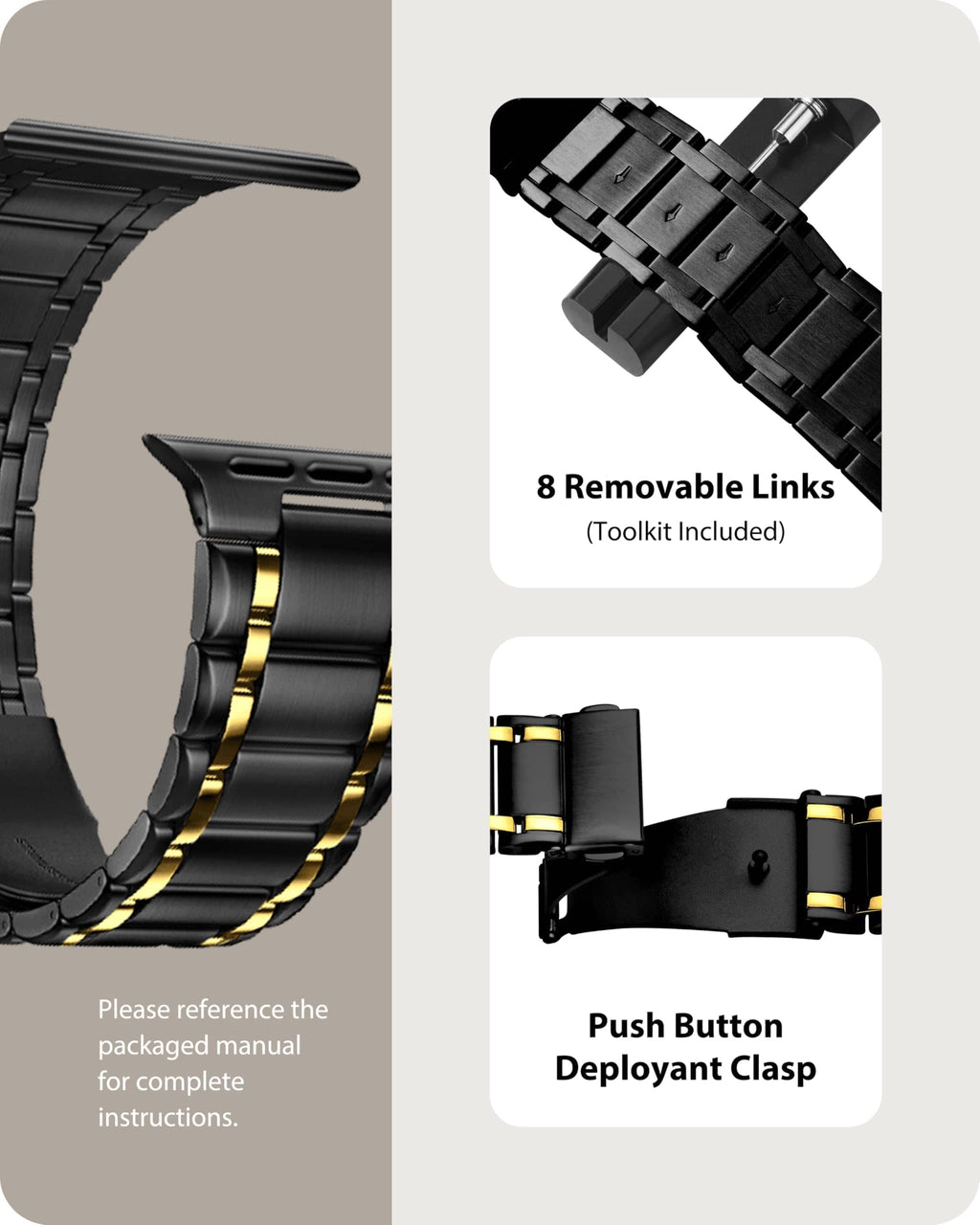 Apple Watch Band | Five-Links Stainless Steel Metal | Black and Gold Fullmosa
