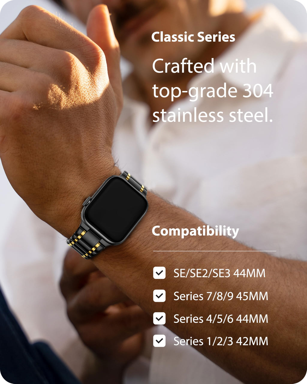 Apple Watch Band | Five-Links Stainless Steel Metal | Black and Gold Fullmosa