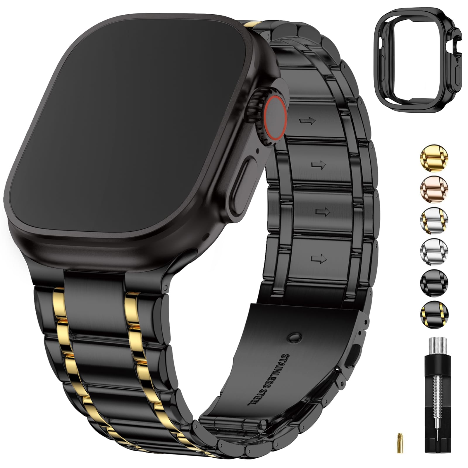 Apple Watch Band | Five-Links Stainless Steel Metal | Black and Gold Fullmosa 49mm(ultra3/2/1) / Black and Gold