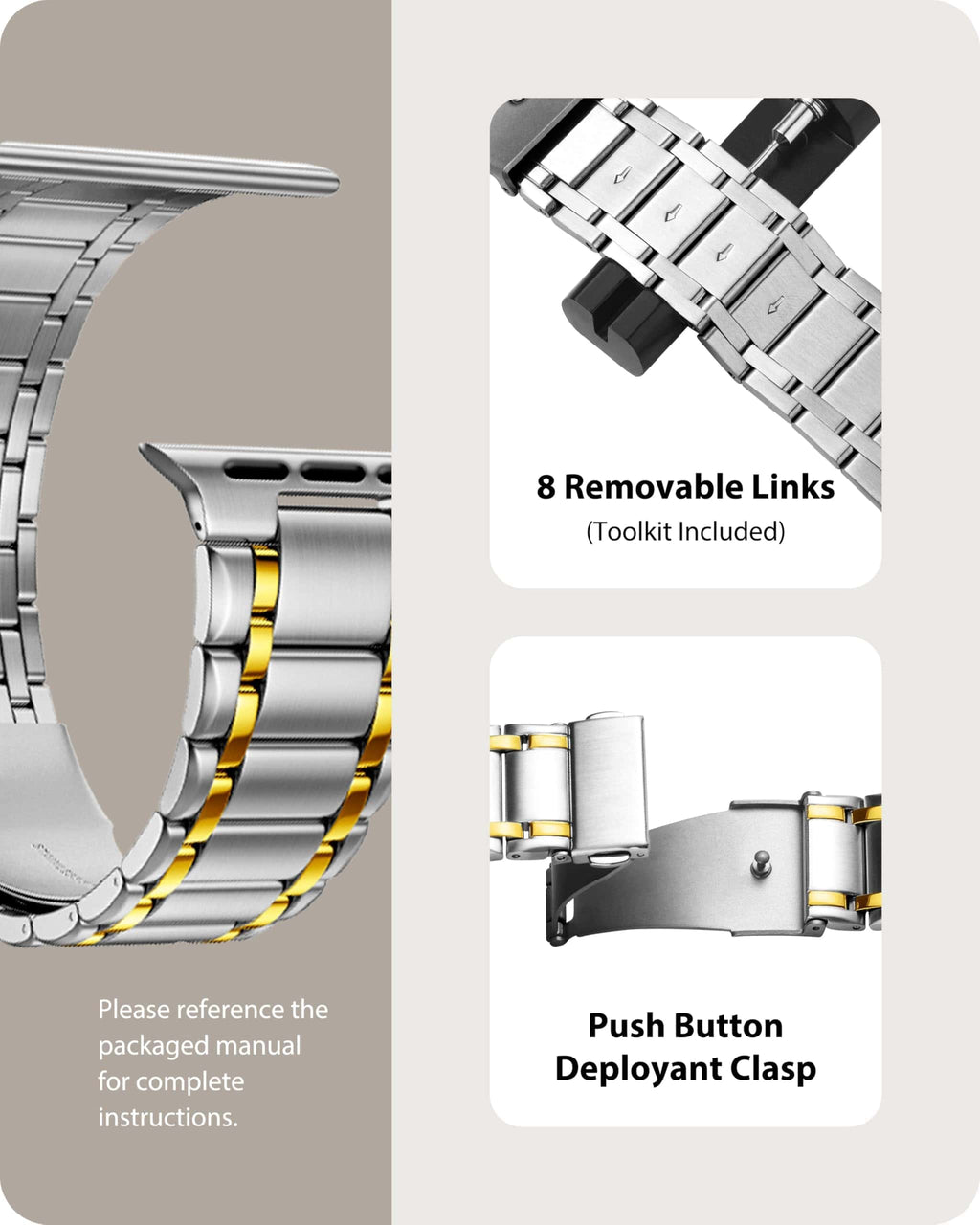 Apple Watch Band | Five-Links Stainless Steel Metal | Silver and Gold Fullmosa