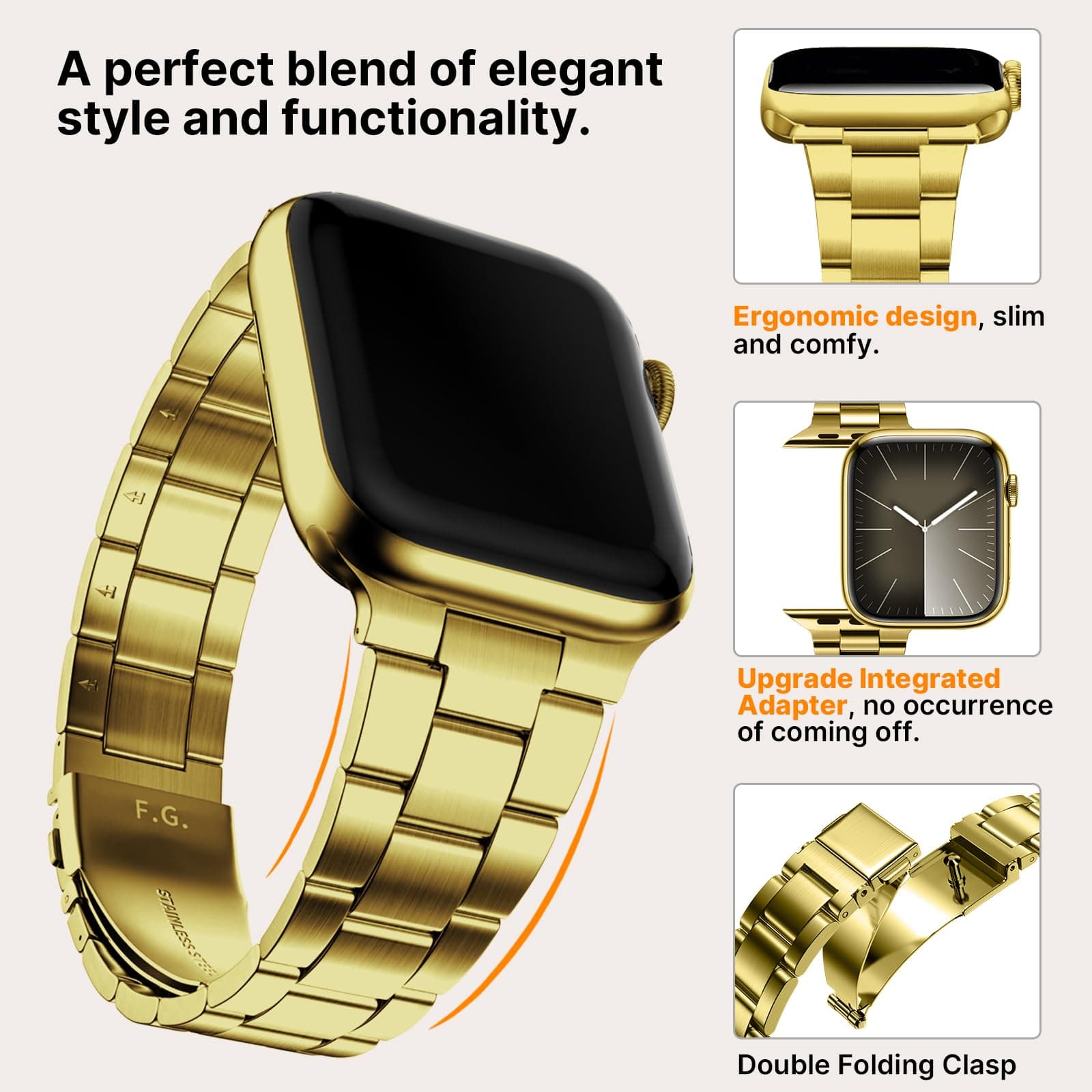 Apple Watch Band | No Tools Needed Stainless Steel Band | Golden Fullmosa watch band