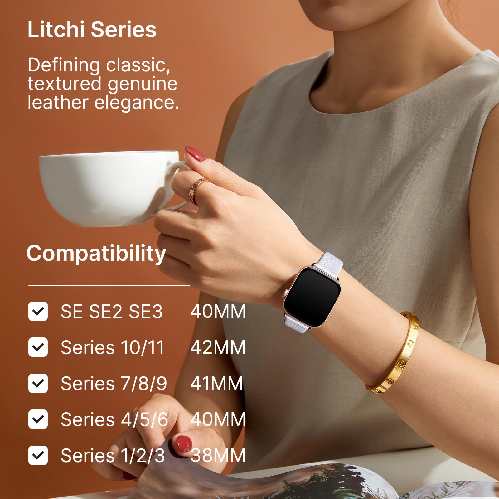 Apple Watch Band | Off-white Leather | Litchi Fullmosa watch band
