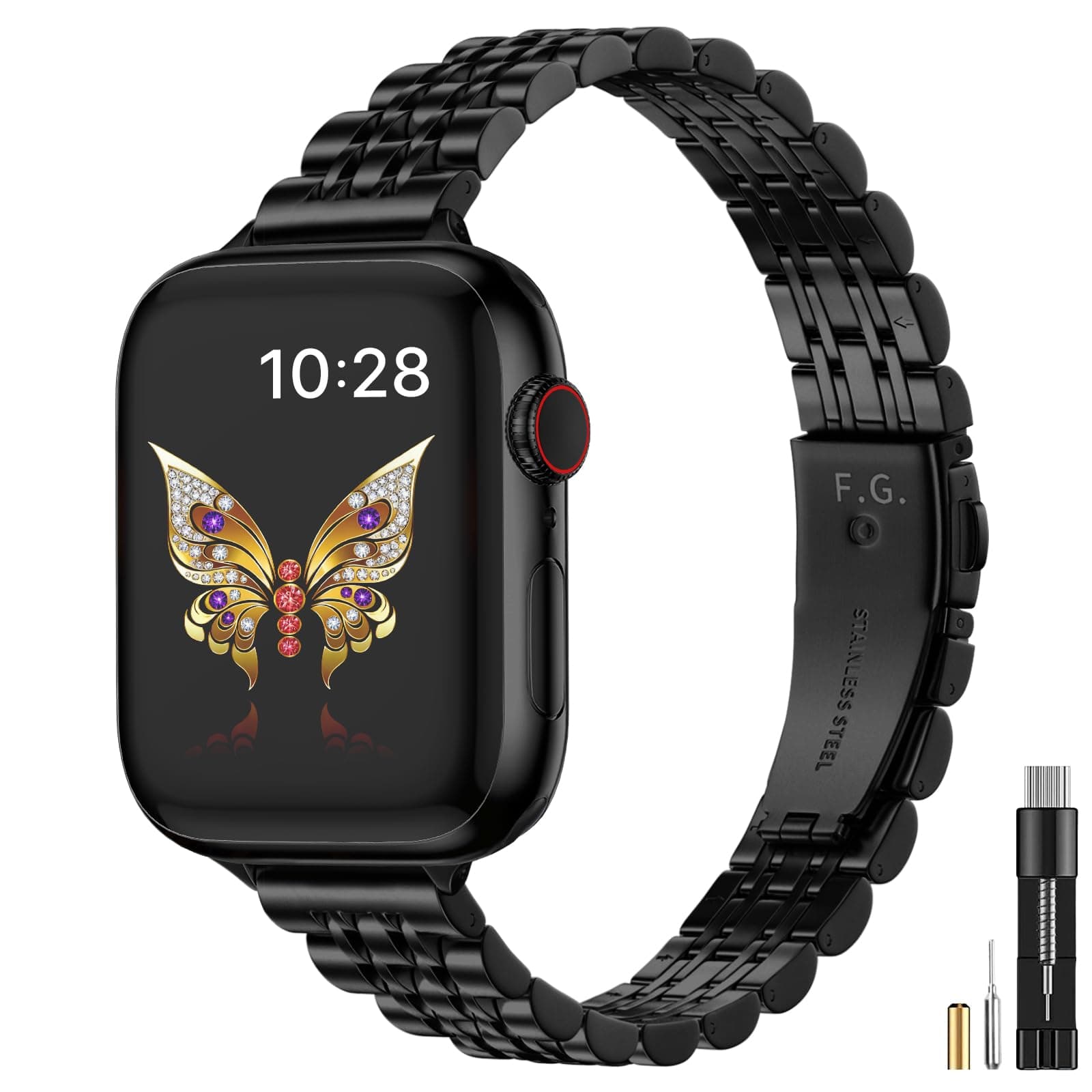 Apple Watch Band | Slim 7-Link Stainless Steel Band | Black Fullmosa watch band 42mm(Series 10 11)/41mm/40mm/38mm / Black