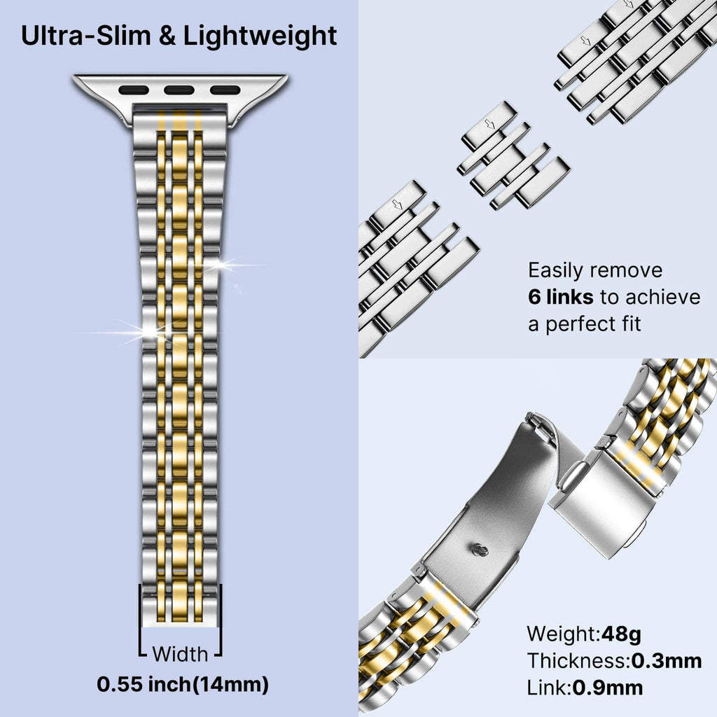 Apple Watch Band | Slim 7-Link Stainless Steel Band | Silver with Gold Fullmosa watch band